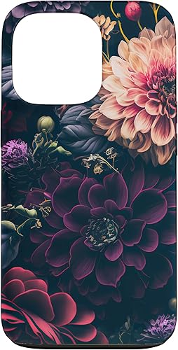 Funda para iPhone 13 Pro con diseño de flores de dalia Moody Dark Floral Rosa y Púrpura