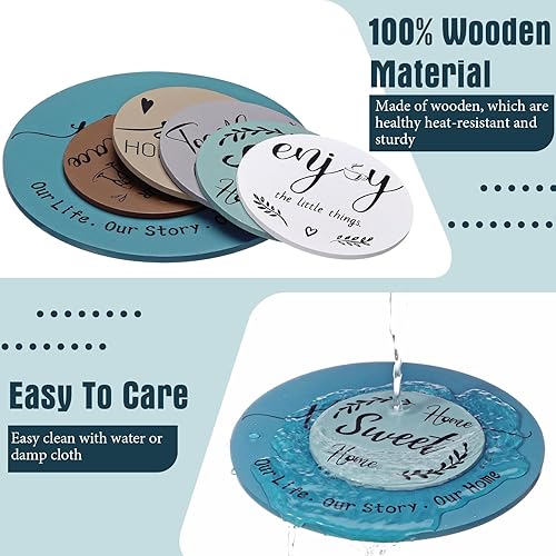 Miniatura 4 de Queekay Regalos de inauguración de la casa para el nuevo hogar, 5 posavasos de madera y 1 salvamanteles de granja para platos calientes, juego de