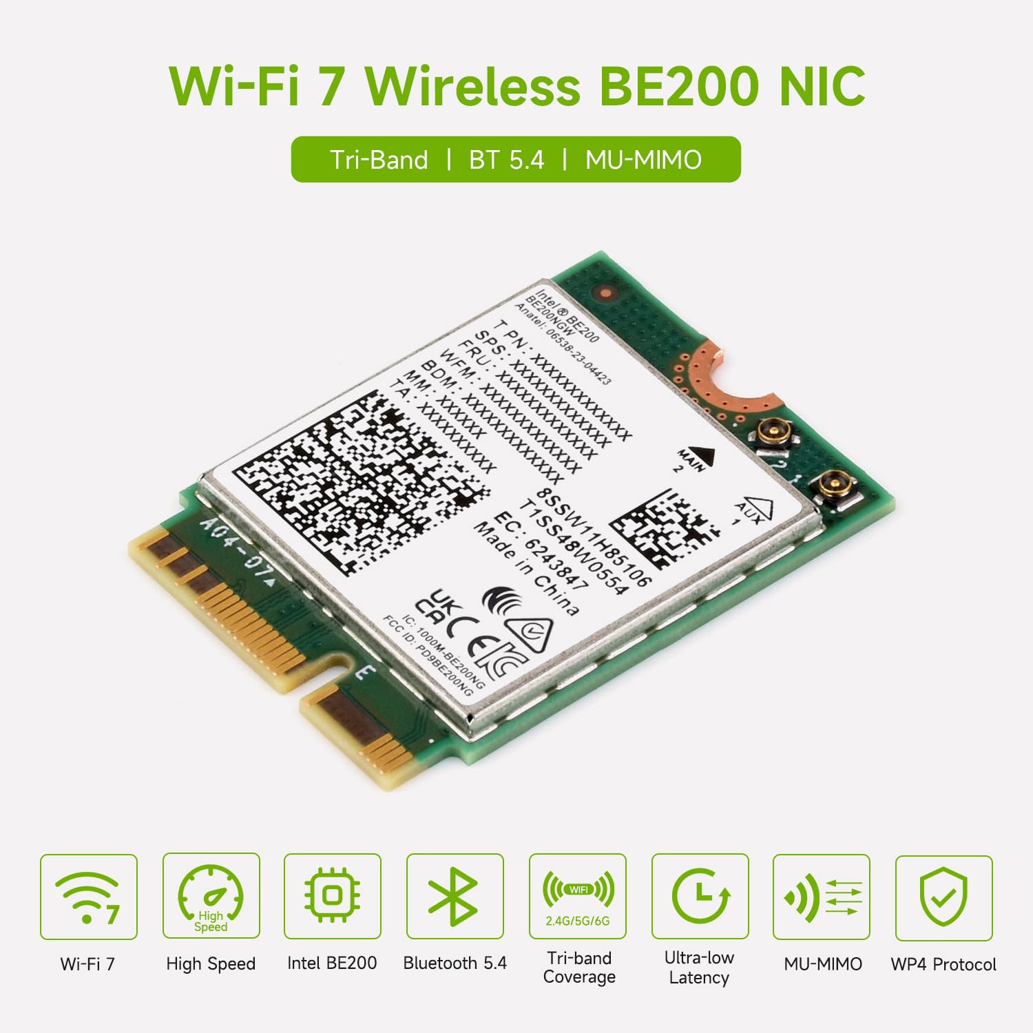 Waveshare Wireless BE200 NIC, Gigabit Tri-Band Wi-Fi 7, Supports IEEE 802.11a/b/g/n/ac/be/ax Standard, Blue-T 5.4