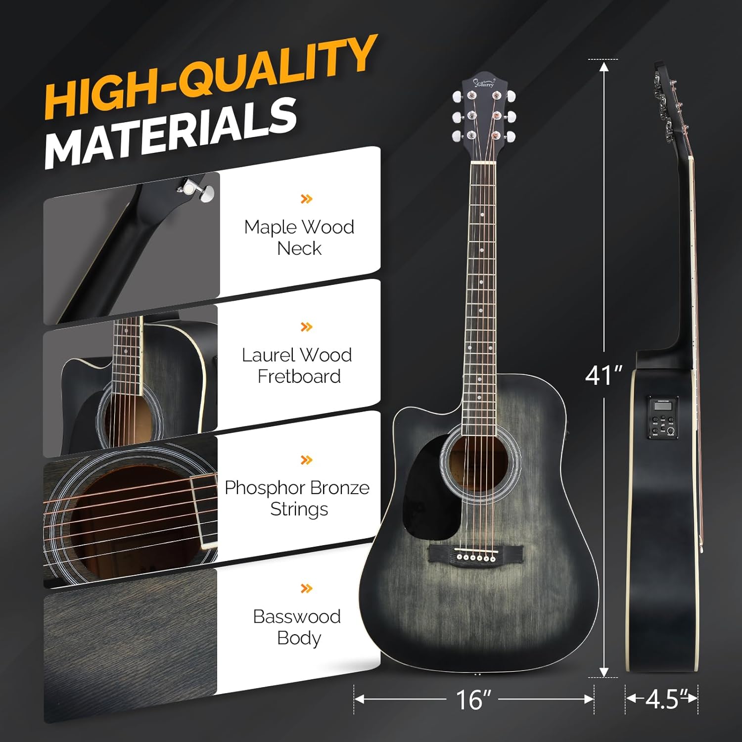 GLARRY 41in Full Size 6 Strings Acoustic Electric Guitar Beginner Kit w/ 15W Amp, Cutaway Design Electric Acoustic Guitar with Bag, Strap, Picks, Strings, Basswood Guitarra (Left Hand-Black, 41in)