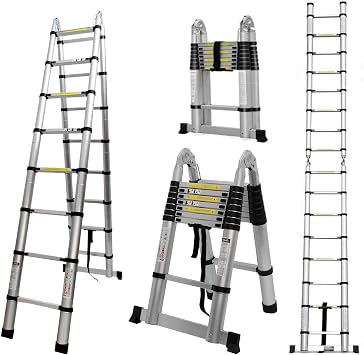 Jupitor 16.5 ft Telescopic Ladder with Stabilizer Bar Heavy Duty A-Frame Aluminum Alloy Multi-Purpose Climb Extendable Step for Home Kitchen Clean 5M2.5+2.5m 330lbs Max Capacity
