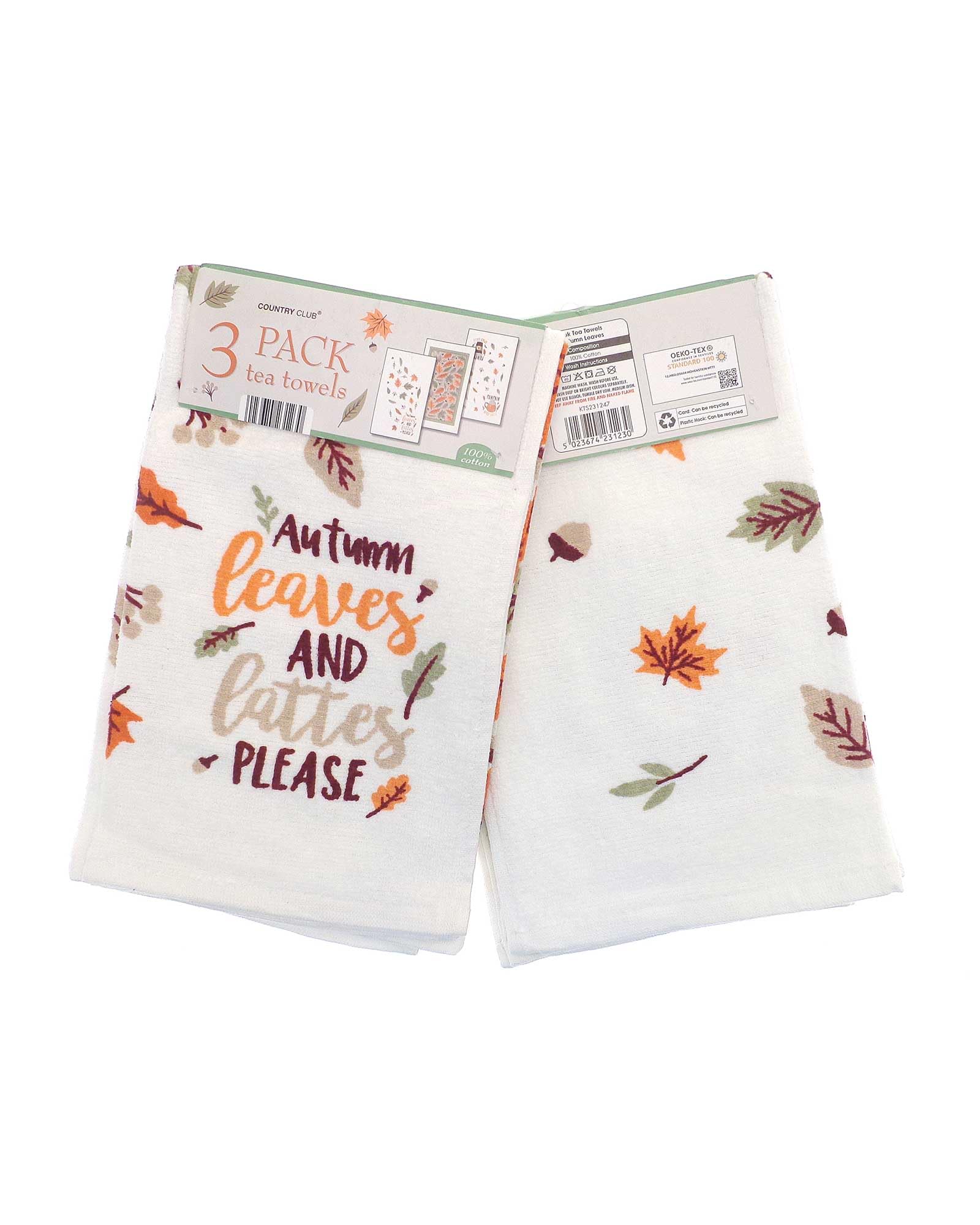 Country Club White 100% Cotton Pack Of 3 Autumn Leaves Design Velour Kitchen Tea Towels