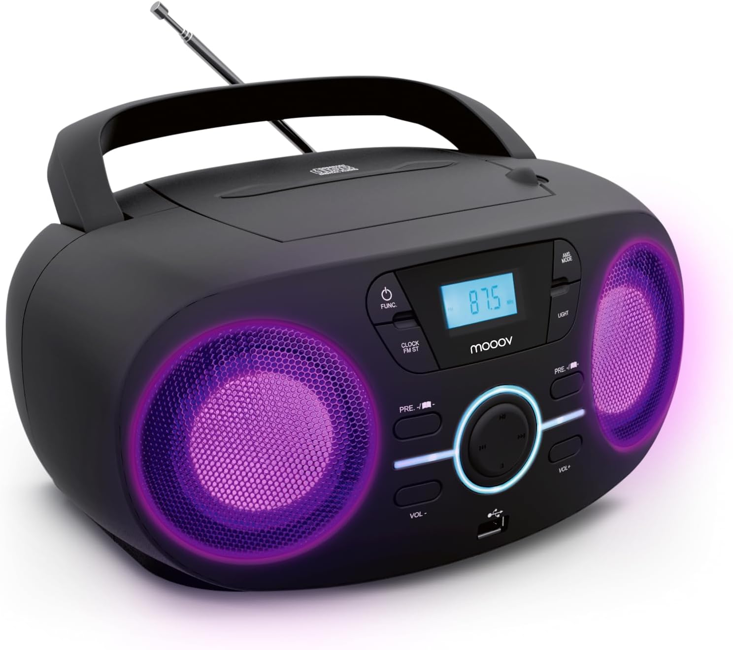 Mooov Portable CD Player, CD Audio Reader CD-R/CD-RW/CD-MP3, FM Radio, USB Port, LED Light Effects, Ergonomic Handle, Power Supply or Battery Operated, Black 477415