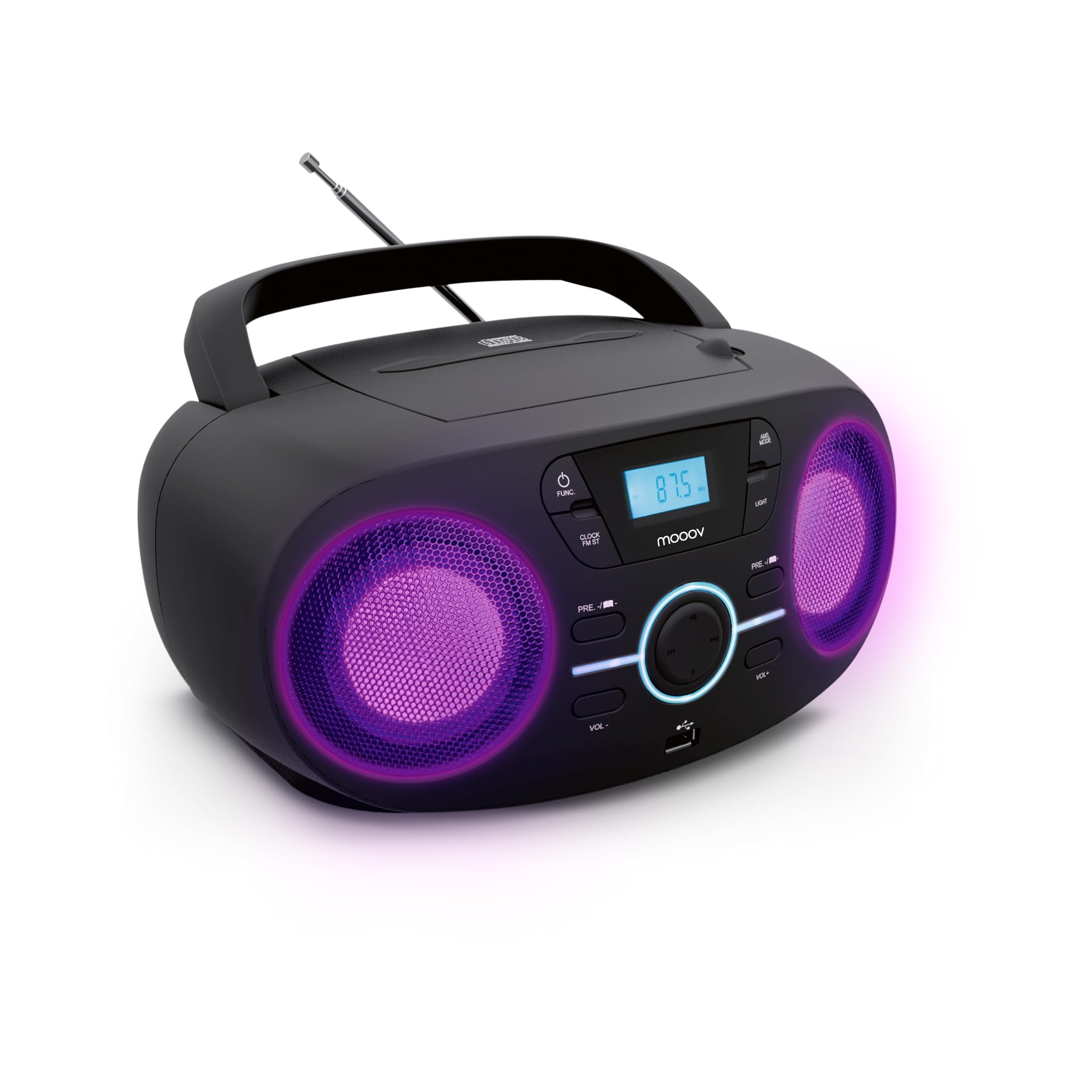 Mooov Lecteur CD Portable, Lecteur CD Audio CD-R/CD-RW/CD-MP3, Radio FM, Port USB, Effets de lumière LED, poignée Ergonomique, Alimentation ou Batterie, Noir 477415