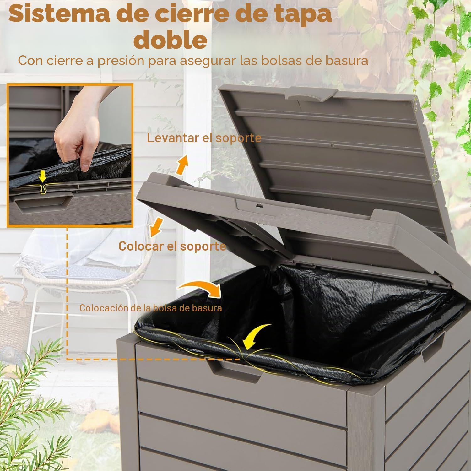 FANTASK Cubo de basura de 118 litros con tapa con bandeja extraíble y asa, cubo de basura para exterior, jardín, en marrón, resistente al agua para porche, patio trasero, terraza