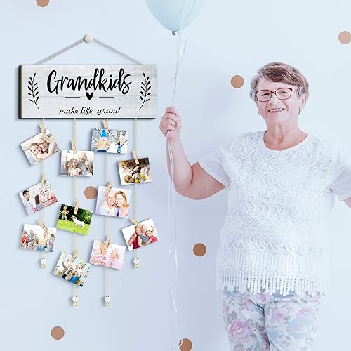 Miniatura 6 de Marco de fotos para regalos de abuela, marco de fotos para nietos con clips de madera y cuerdas redondas de cuentas para decoración del hogar, 15 x