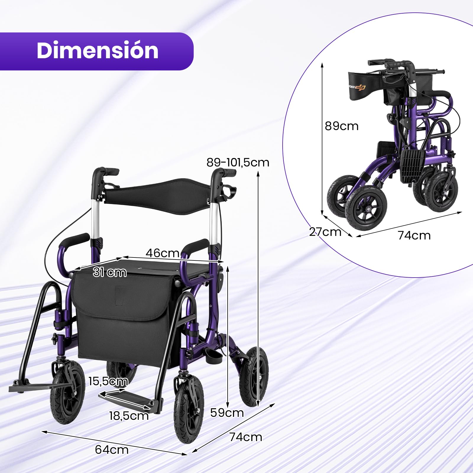 GOPLUS 2 en 1 Andador para Ancianos, Silla con Ruedas de Aluminio Ligero, Alturas Ajustables, Neumáticos para Todo Terreno, Caminadores para Mayores/Discapacitadas (Violeta)