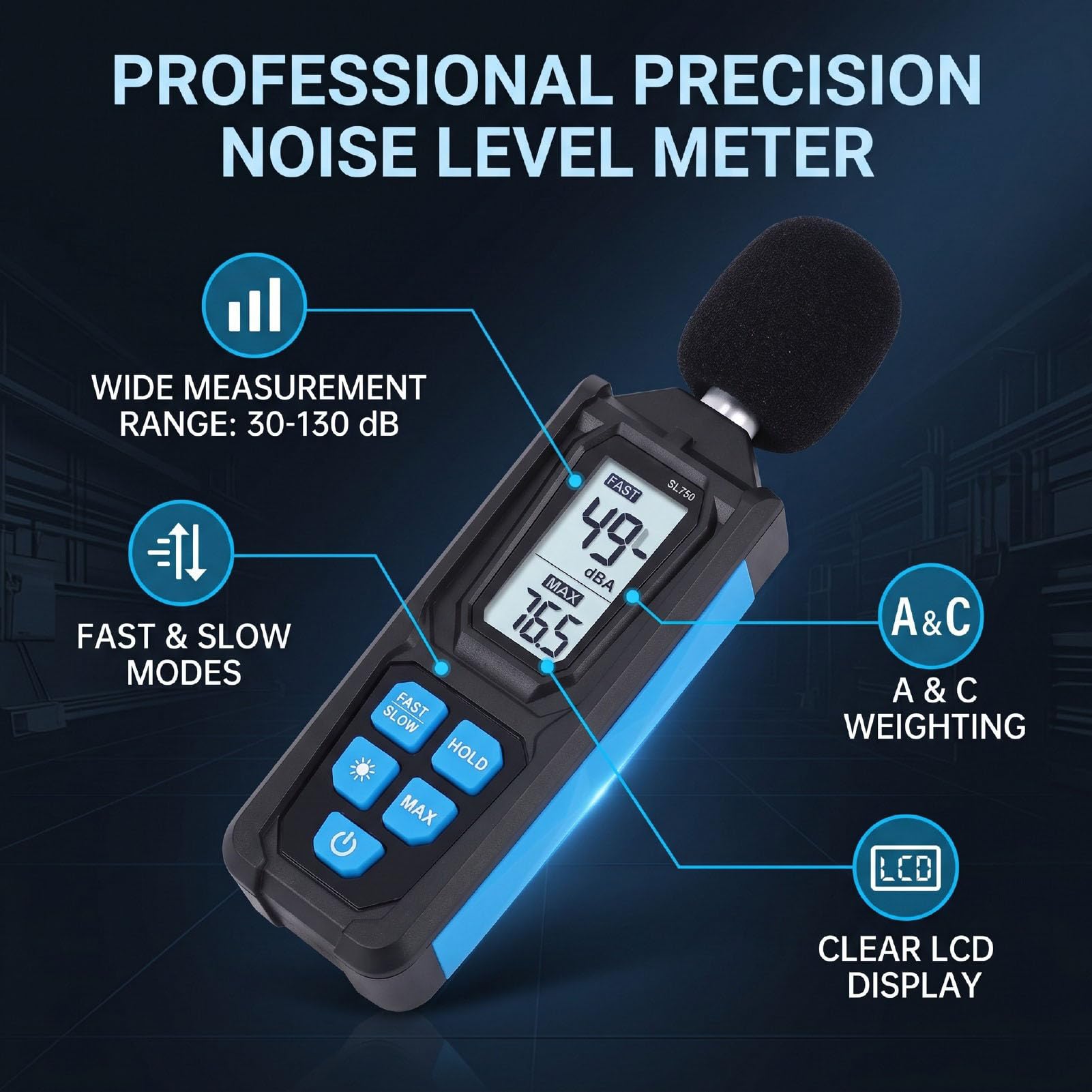 Eujgoov Medidor de Ruido HS-33 30‑130dB con Ponderación de A/C Rápida/lenta | Sonómetro portátil, precisión de 1,5 dB, retención de datos, reinicio del valor máximo, LCD de 4 dígitos, apagado automático