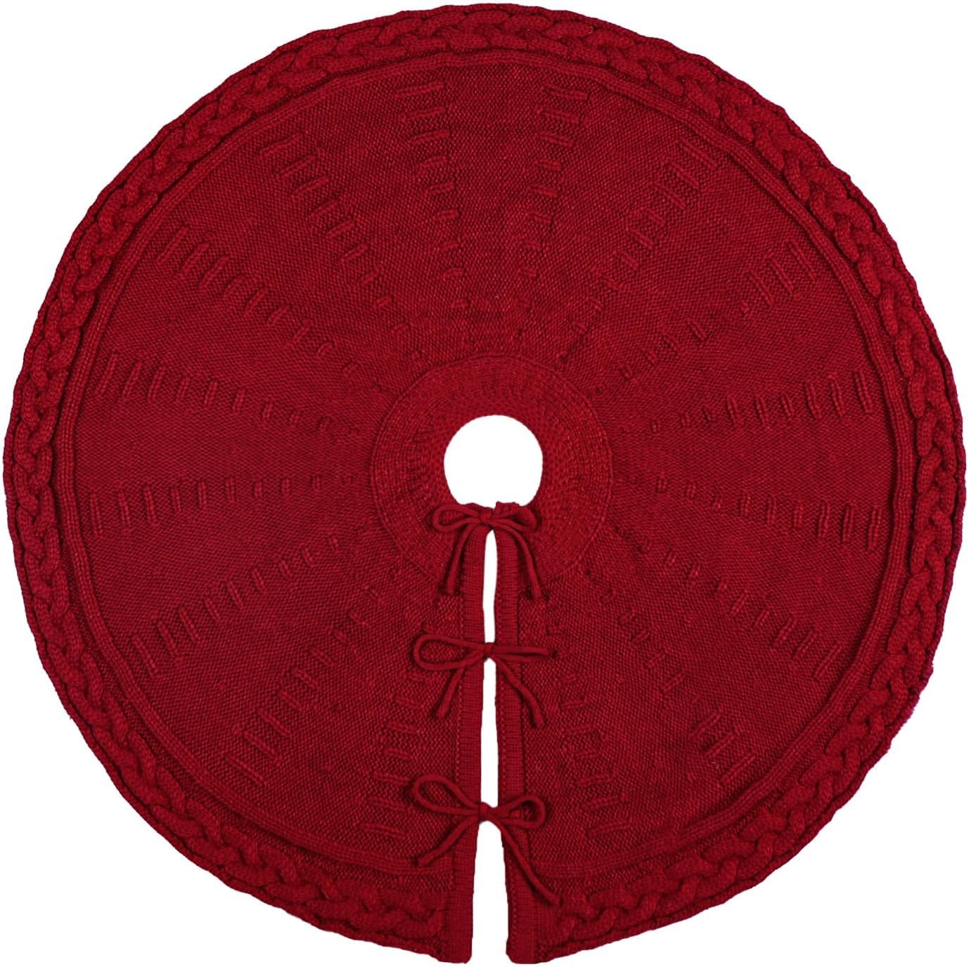 36 inch Christmas Tree Skirt: Pencil Tree Skirt for 6ft Tree, Braided Cable Knit Wine Red Small Tree Skirt, Vintage Tree Skirts, Rustic Farmhouse Christmas Decorations