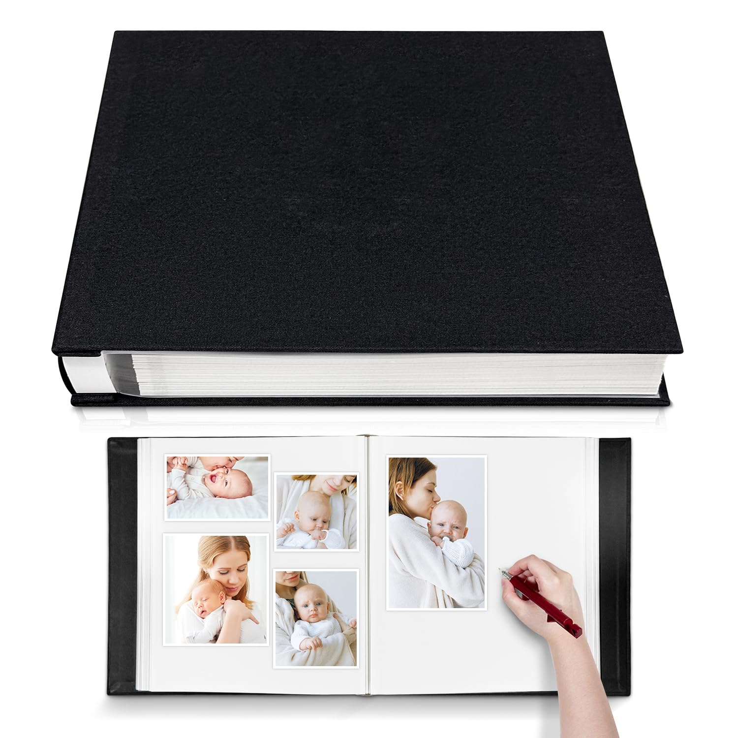 Photo Album Self Adhesive 3x5 4x6 5x7 6x8 8x10 8.5x11 11x10.6 Magnetic Scrapbook Album DIY Length 11x10.6 Inch 40 Pages Linen Cover with A Metallic Pen and DIY Accessories(Black)