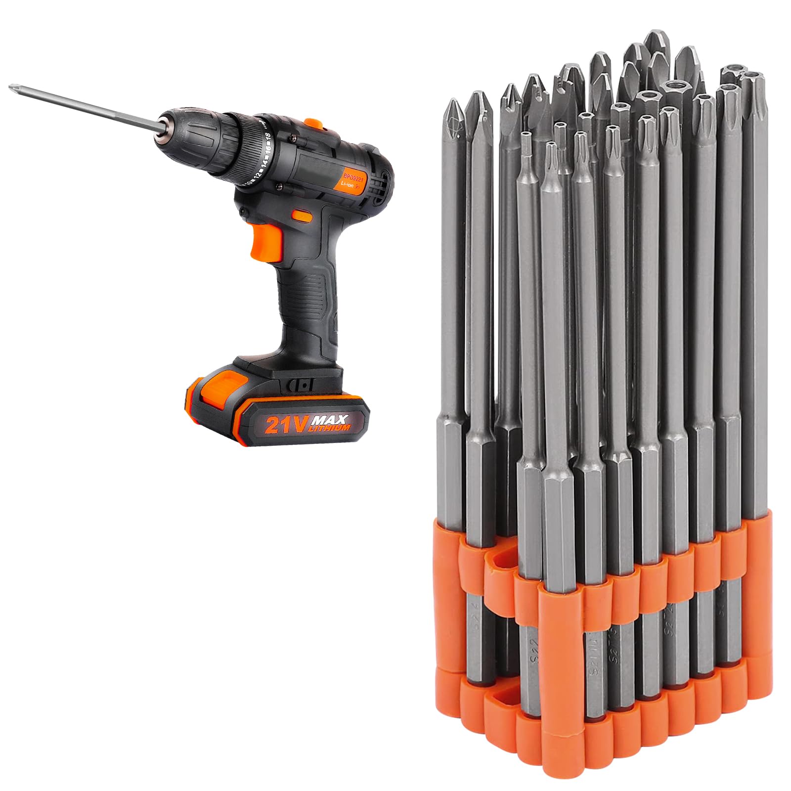 32 pc Juego de Puntas Extra Largas 150 mm de Destornillador de Acero S2,Resistentes y Duraderas, Incluir Torx, Phillips, Allen, Plana, Doble, Seguridad, con Soporte Organizador,Para Taladros