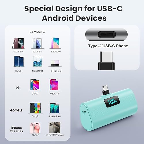 Vista 5 de [2-Pack]Small Portable Charger 5200mAh, Upgraded PD USB C Power Bank Built-in USB-C Connector, LCD Display Battery Pack Compatible with iPhone 15/15