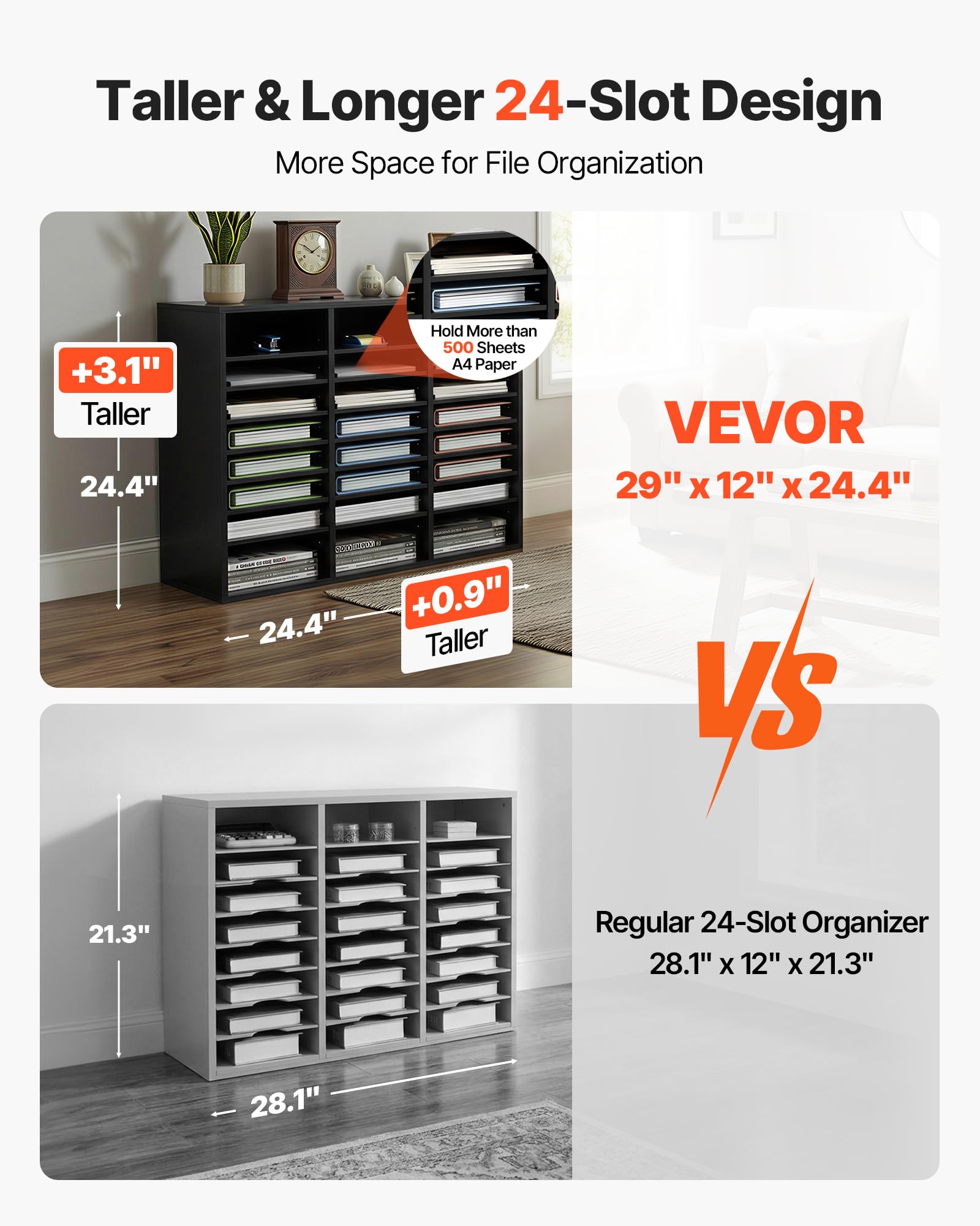 VEVOR Organizador de Literatura de madera Aglomerado Estante de Almacenamiento de Documentos de 24 Compartimentos 73,7x30,5x62 cm Clasificador de Literatura con Estantes Ajustables para Oficina, Negro