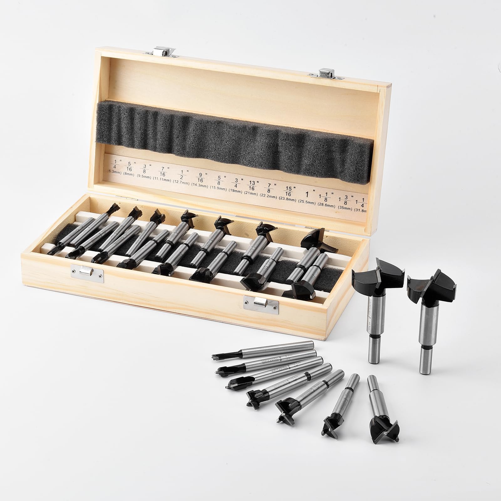 Mollom Juego de brocas Forstner de carburo de 15 piezas (6,3-35 mm), carpintería con cuchillas gruesas de acero de carburo YG8, kits de herramientas de corte de bisagras, ideal para madera, plástico,