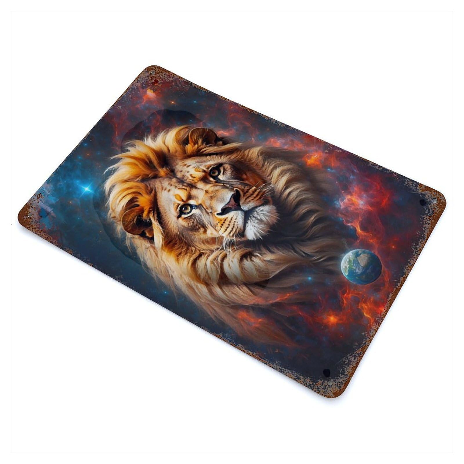 Lion of The Cosmos 11.8"x7.9" Rustic Tin Plaque, Farmhouse Wall Decor for Basement, Hobby Room And Garage Decor