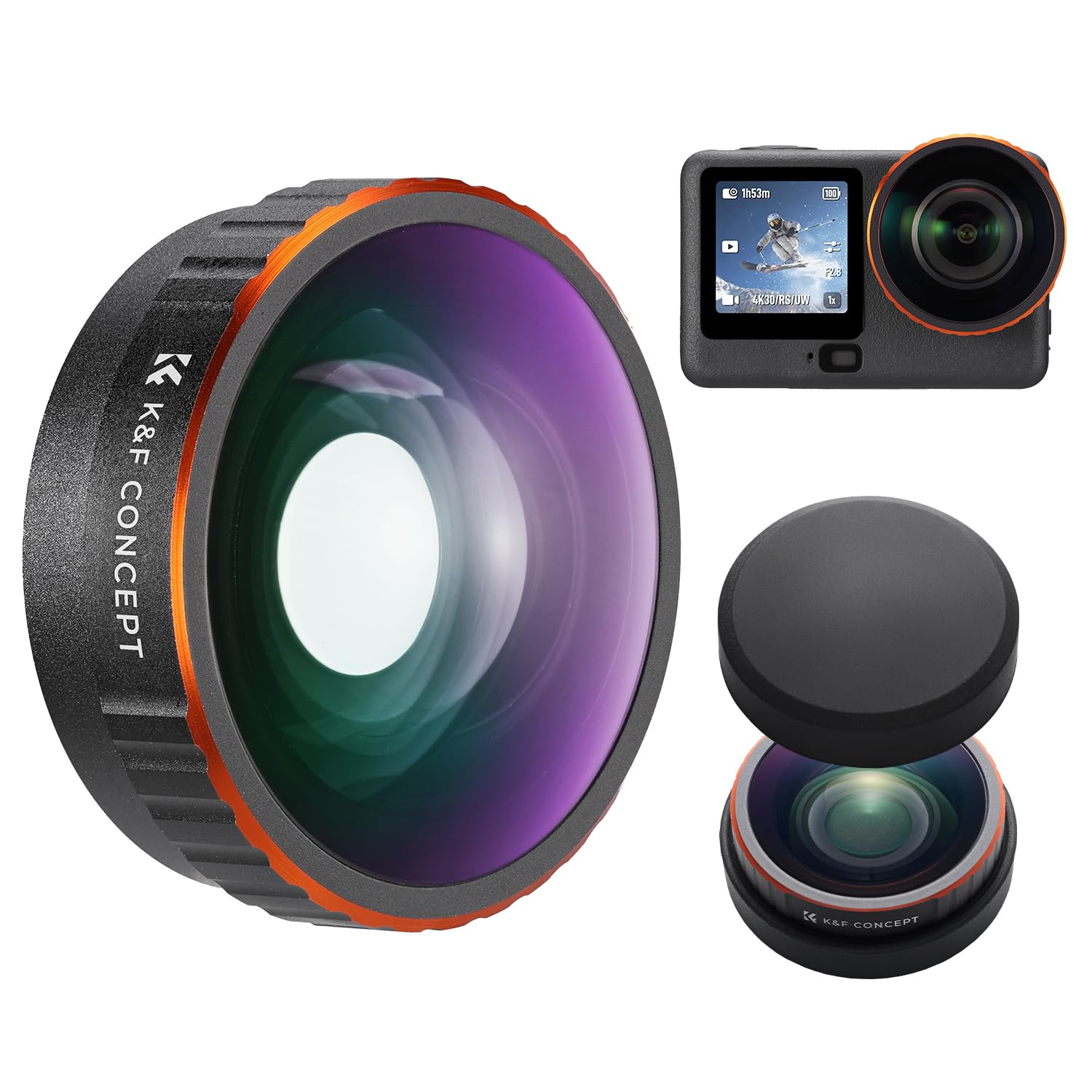 K&F CONCEPT Weitwinkelobjektiv für Osmo Action 6, 185° Weitwinkel Linse Filter, Ultraweitwinkelobjektiv HD-Optikglas, Action-Kamera Zubehör, Objektiv für Breitere Perspektive mit Silikonhülle