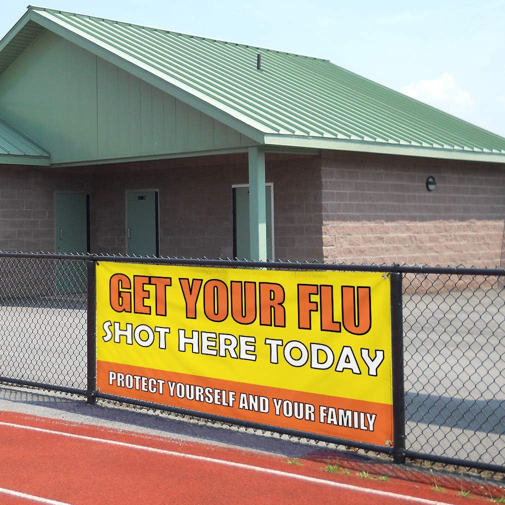 Vinyl Banner Multiple Sizes Get Your Flu Shot Here Advertising Printing Health Care Outdoor Weatherproof Industrial Yard Signs Orange 4 Grommets 24x36Inches