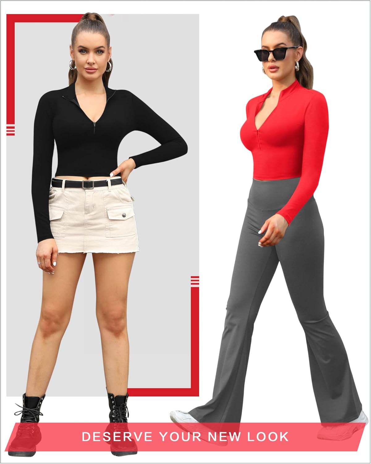 CLOZOZ Long Sleeve Crop Tops for Women Mock Turtleneck Zip Up Sexy Fitted Cropped Shirts Trendy - Image 4