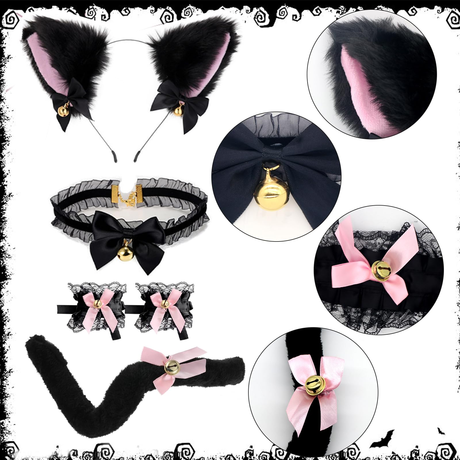 Cat Cosplay Halloween Costume Set Cat Ear Headband Chocker Necklace Plush Furry Tail Lace Wristband Masquerade Costume Accessories for Women Halloween Theme Party (Lace Collar) - Image 3