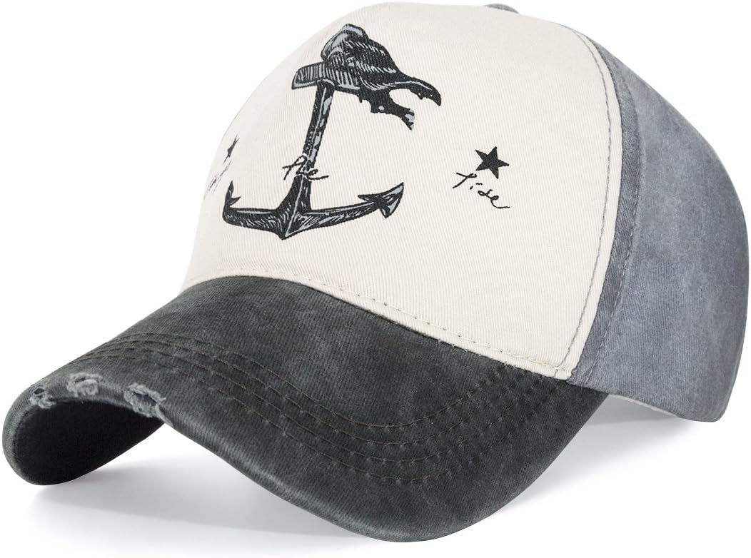 Vintage Baseball Cap Men Unstructured Hats Pirate Ship Anchor Sun Hat Unisex Snapback Youth Cap for Girls and Boys(Black Brim)