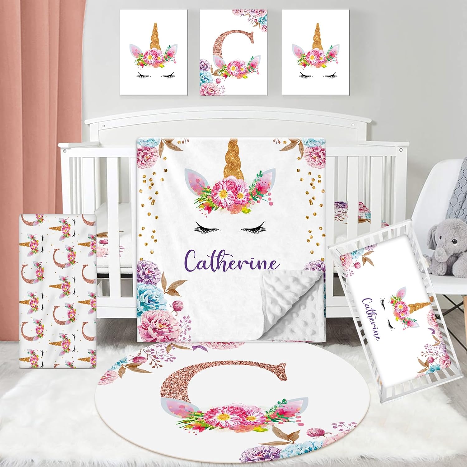 Personalized Baby Crib Bedding Set - 5 Piece Custom Baby Crib Sets with Name, Nursery Bedding Set for Baby Boys Crib Elephant Pattern Gift Idea Double Layer Blanket Set(Fixed Size)