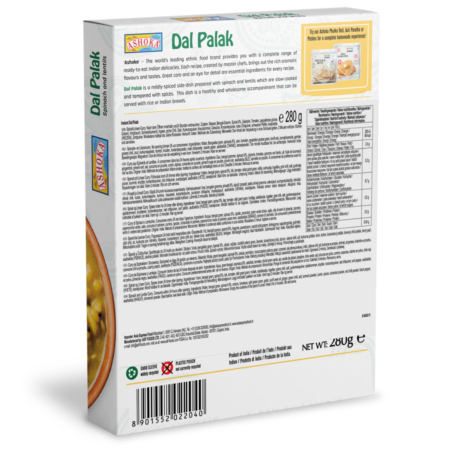 ASHOKA - Dal Palak Instantáneo - 20 X 280 GR - Multipack