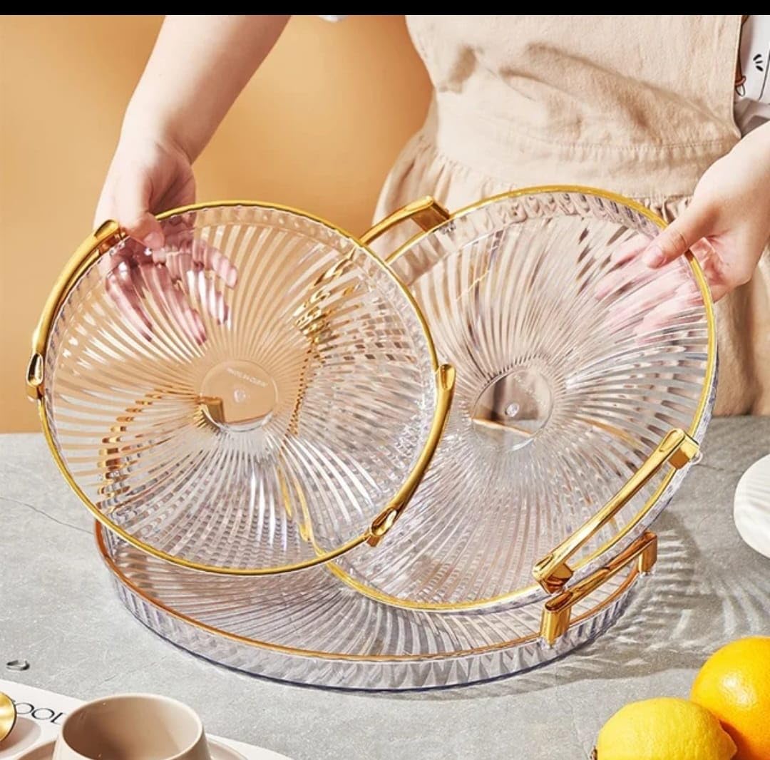 3-Tier Acrylic Serving Tray with Gold Handle – Transparent Decorative Display Stand for Fruit, Desserts, Coffee & Tea – Elegant Table Centrepiece for Home, Kitchen & Parties.