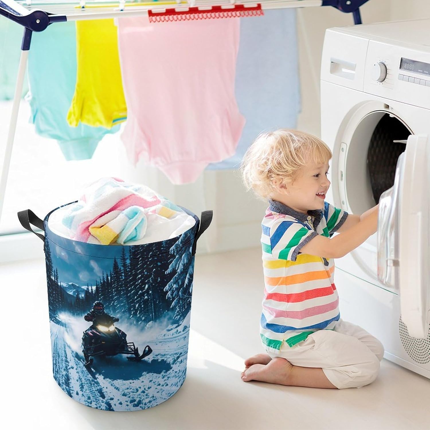 Snowmobile Laundry Bag Large Collapsible Laundry Baskets Freestanding Waterproof Clothes Hamper with Handles & Drawstring for Laundry Room Bedroom Bathroom