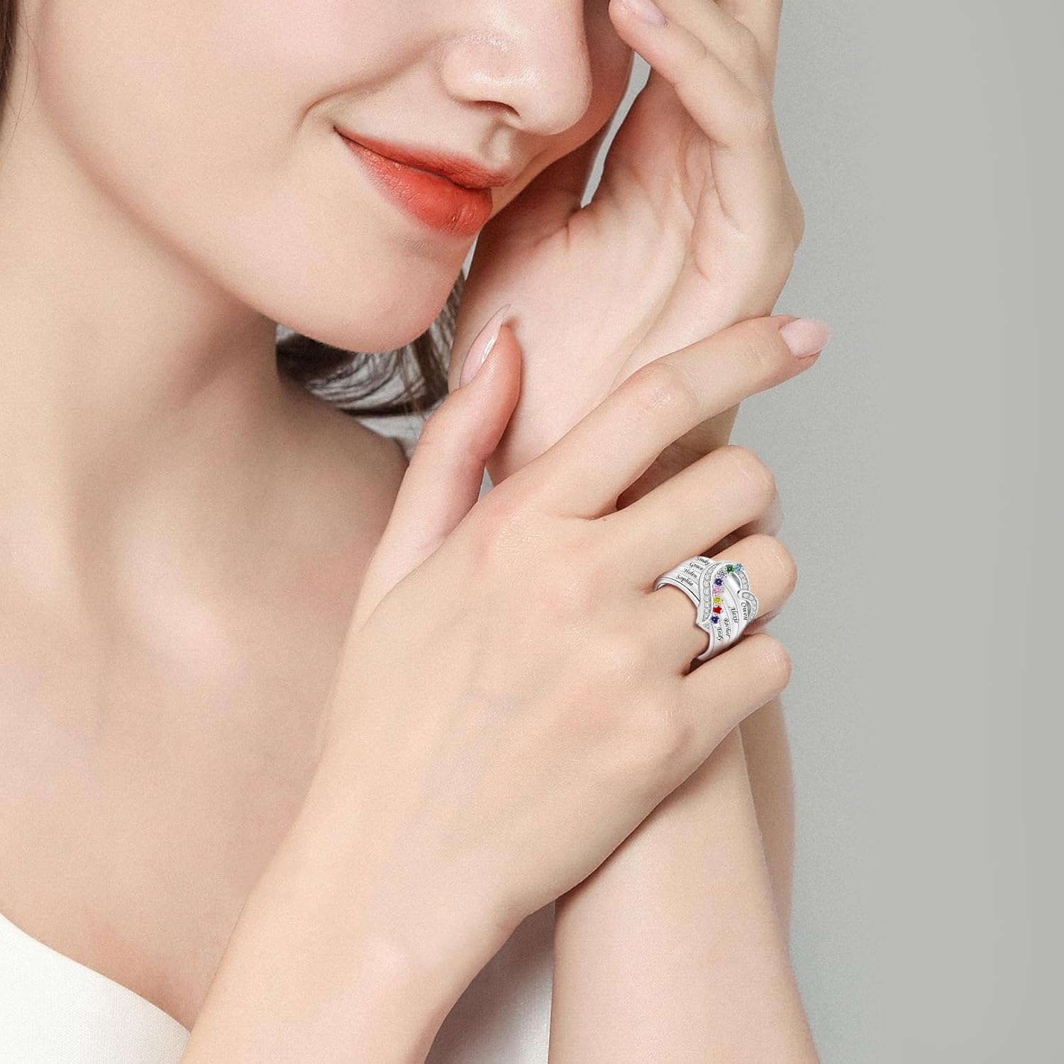 Personalized 925 Sterling Silver Mothers Ring with 1-8 Birthstone Custom Engraved Name Ring Family Birthstone Ring for Women Mom Grandma Daughter (8 stones)