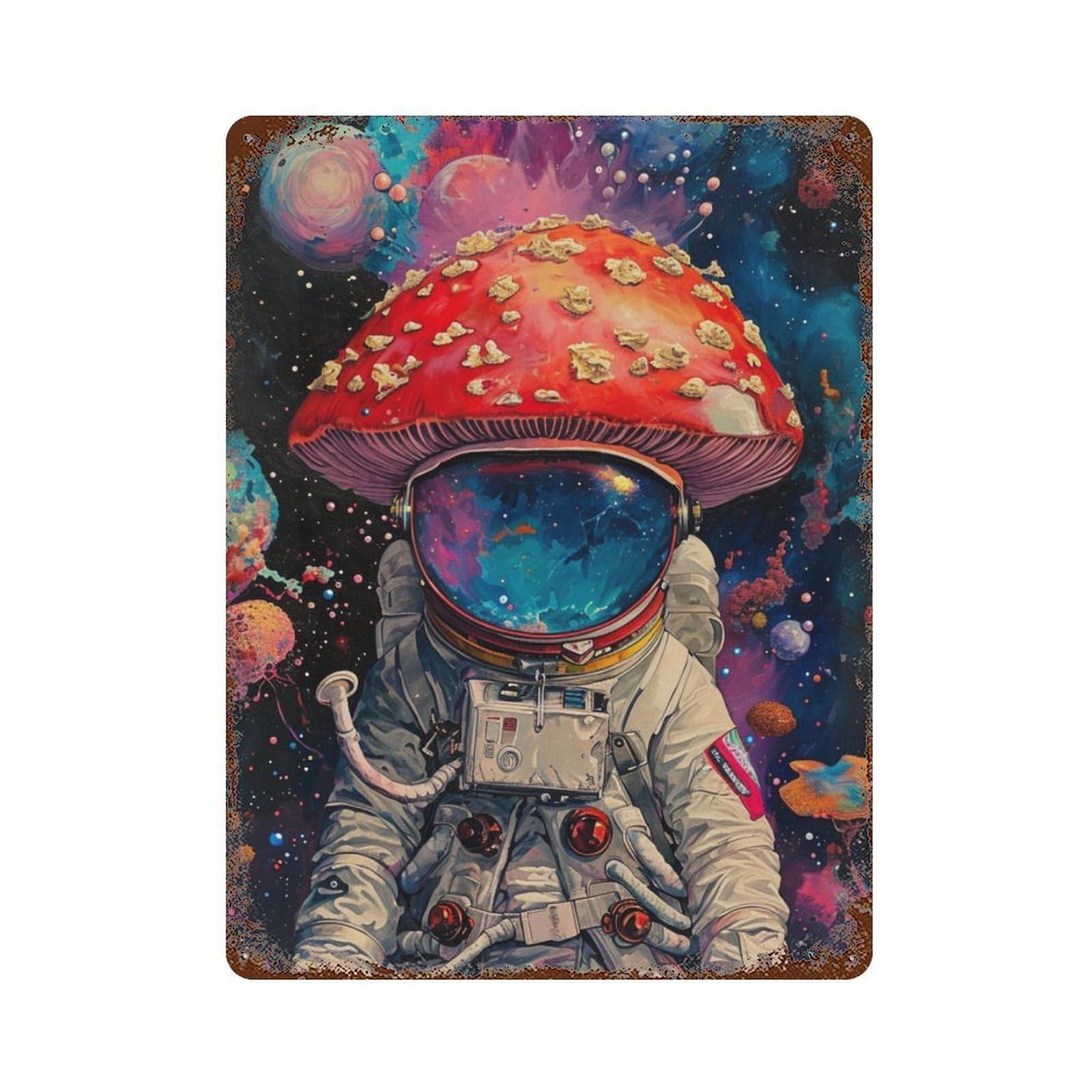 Garage Style Mushroom Astronaut in Space-2 Decorative Tin Sign 15.7"x11.8", Shabby Chic Decor for Bar And Workshop