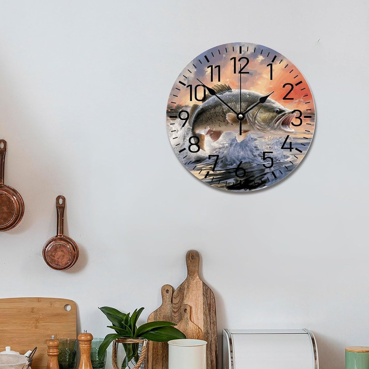 ArogGeld Fishing Bass Mouth Wall Clock Fisherman Fishing12 Inch Wooden Wall Clocks Battery Operated Farmhouse Hanging Clock Modern Wall Decor for Bedroom Living Room Kitchen School Office