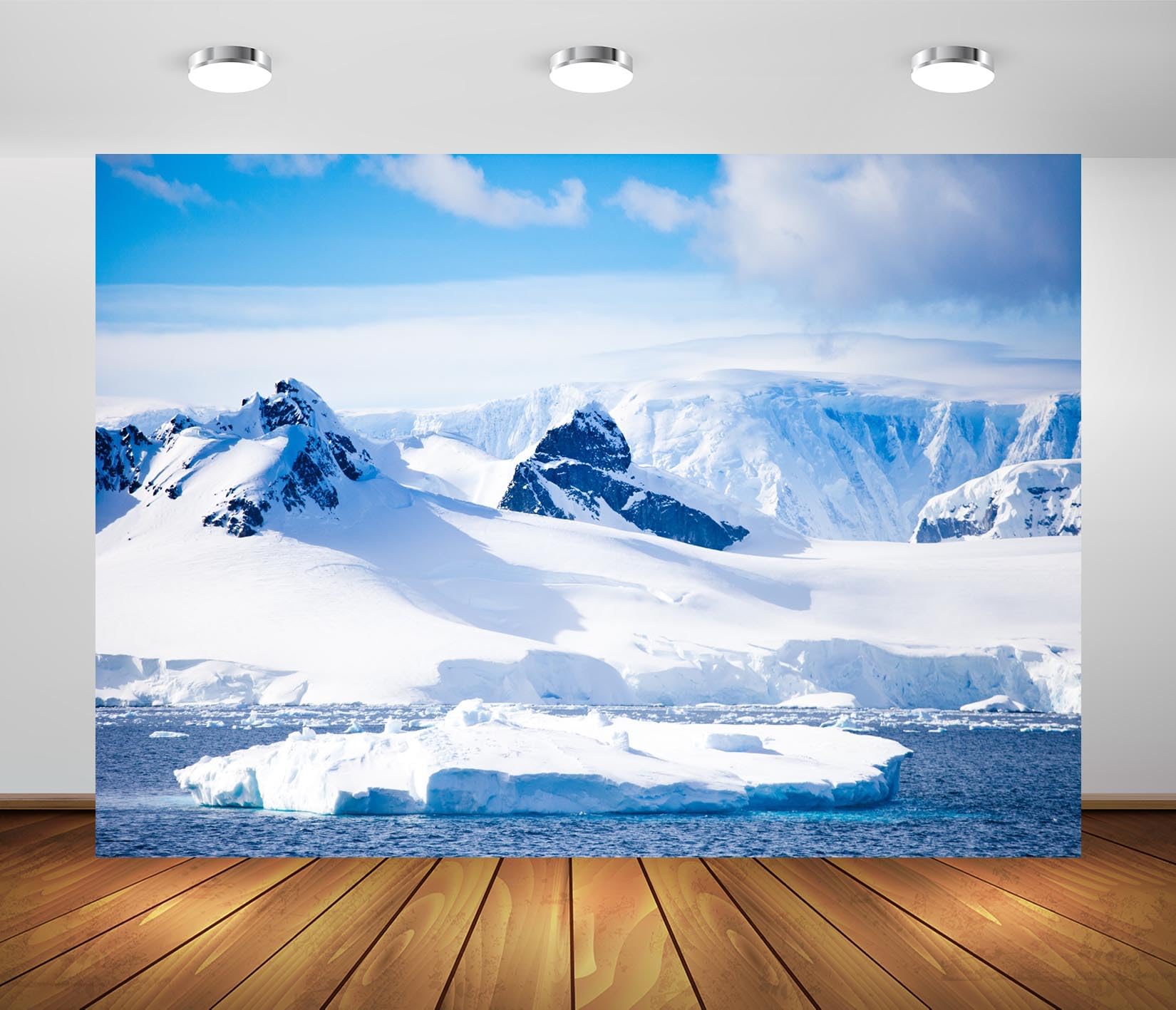 BELECO 5x3ft Fabric Iceberg Backdrop Antarctica Glacier White Snow-Covered Mountains Ocean Water Arctic Background for Themed Party Decorations