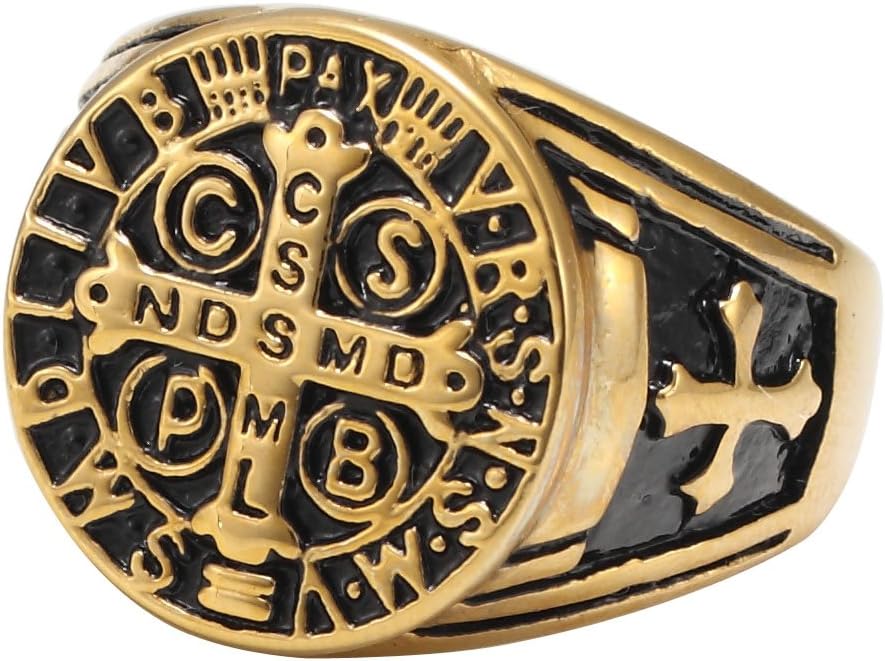 Stainless Steel Catholic St Benedict Exorcism Signet Religious Ring Demon Protection Ghost Hunter Cross Band,Gold Black Tone