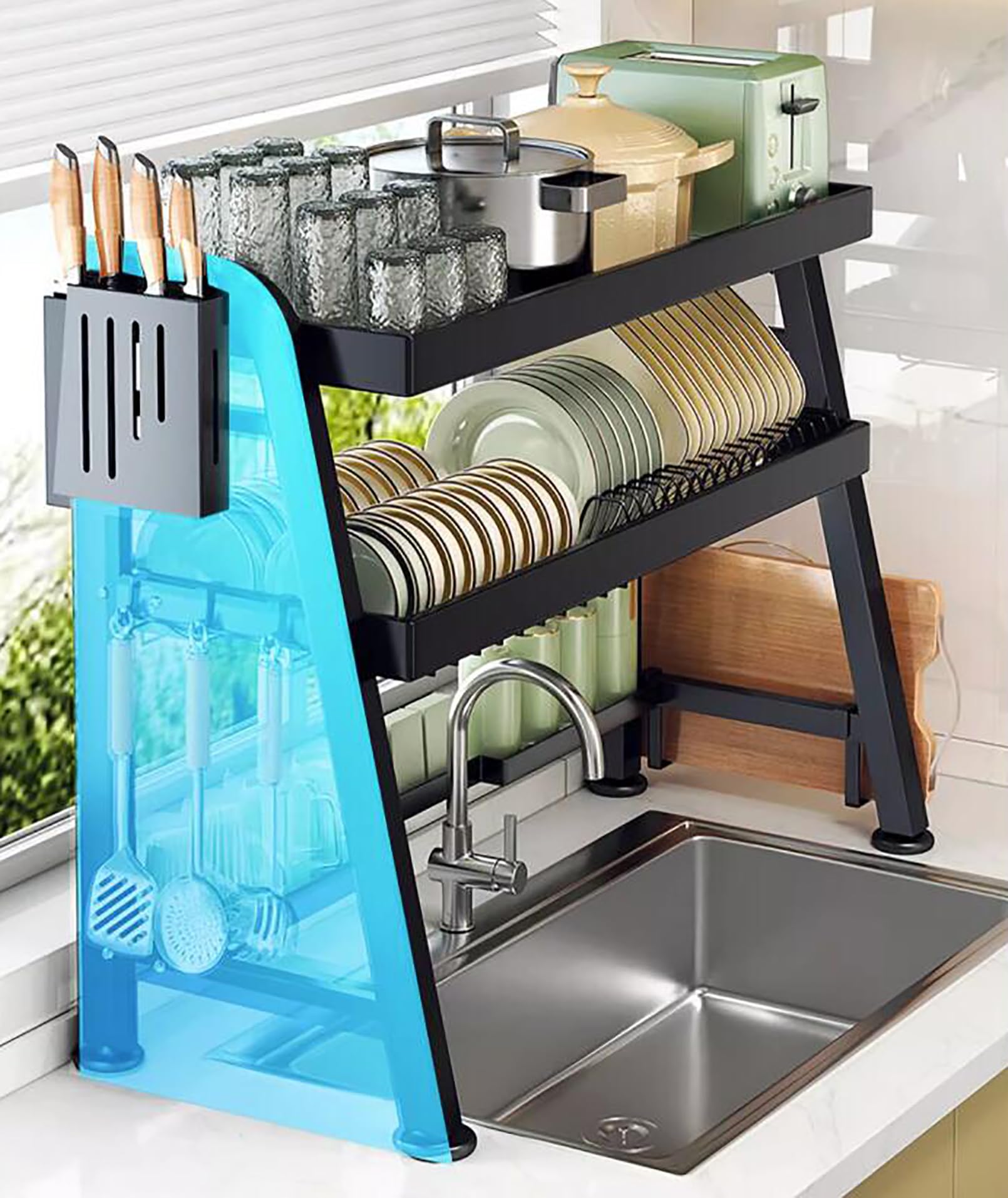 Escurridor de platos de 2 niveles sobre el fregadero, estante de cocina que ahorra espacio con estante, soporte para utensilios, cuchillo y soporte para tabla de cortar