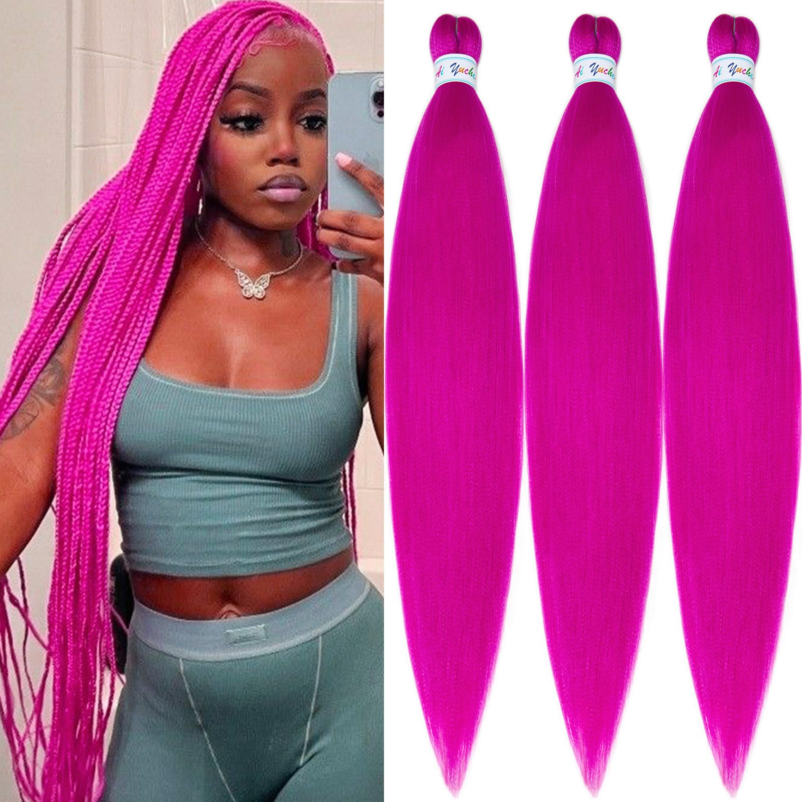 Ai Yuchen 30 Inch Magenta Braiding Hair Knotless Hypoallergenic Non Toxic Pink Braiding Hair Pre Stretched Plant Based Synthetic Braids Hair