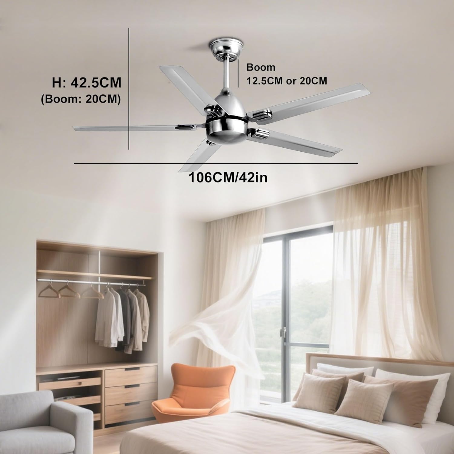 Industrial Ceiling Fan No Light Indoor Quiet Ceiling Fans With Remote Control 6 Speeds, DC Motor Ceiling Fan Without Light For Bedroom Living Room Restaurant Patio