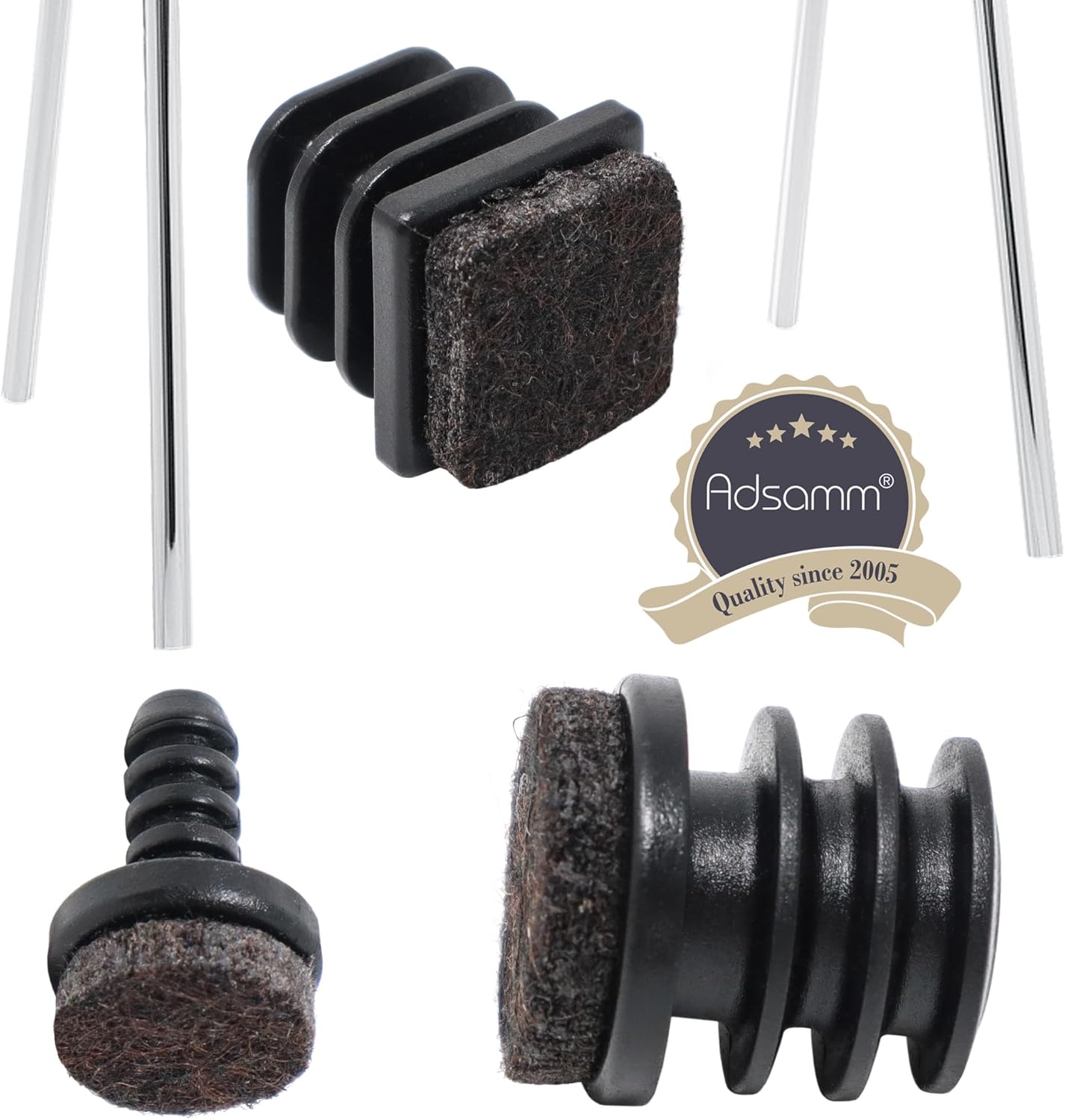 Adsamm® / 100 x Felt Glides for Tubes/Black / 14x14-16x16 mm/Square/Premium Quality Ripped Inserts with Felt for Tubular Steel Chairs