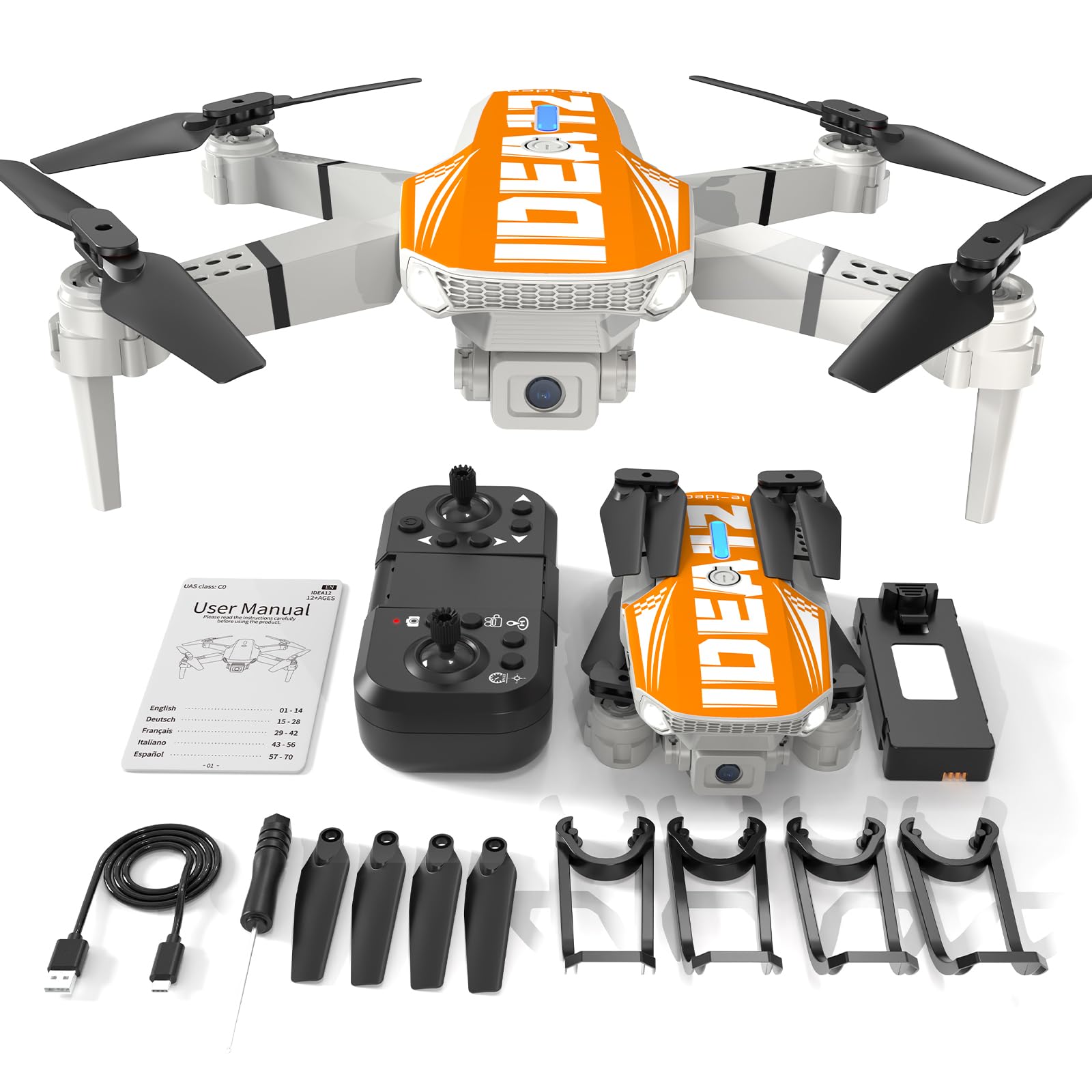 LE-IDEA Drone con Cámara 1080P HD para Adultos, IDEA12 Drones RC con Doble Cámara Modo sin Cabeza Rotación de 360°, Mini Drones Plegables para Principiantes, Naranja