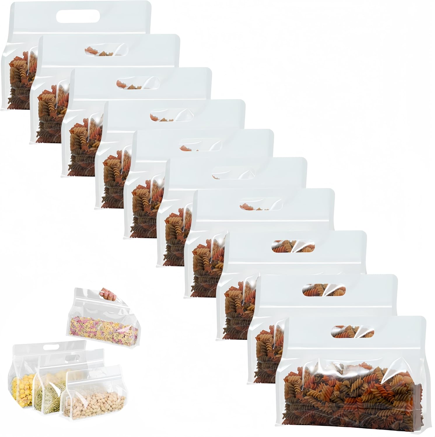 10 bolsas de almacenamiento de alimentos, bolsa sellada a prueba de humedad, bolsas de alimentos de pie, bolsa sellada reutilizable grande con asa