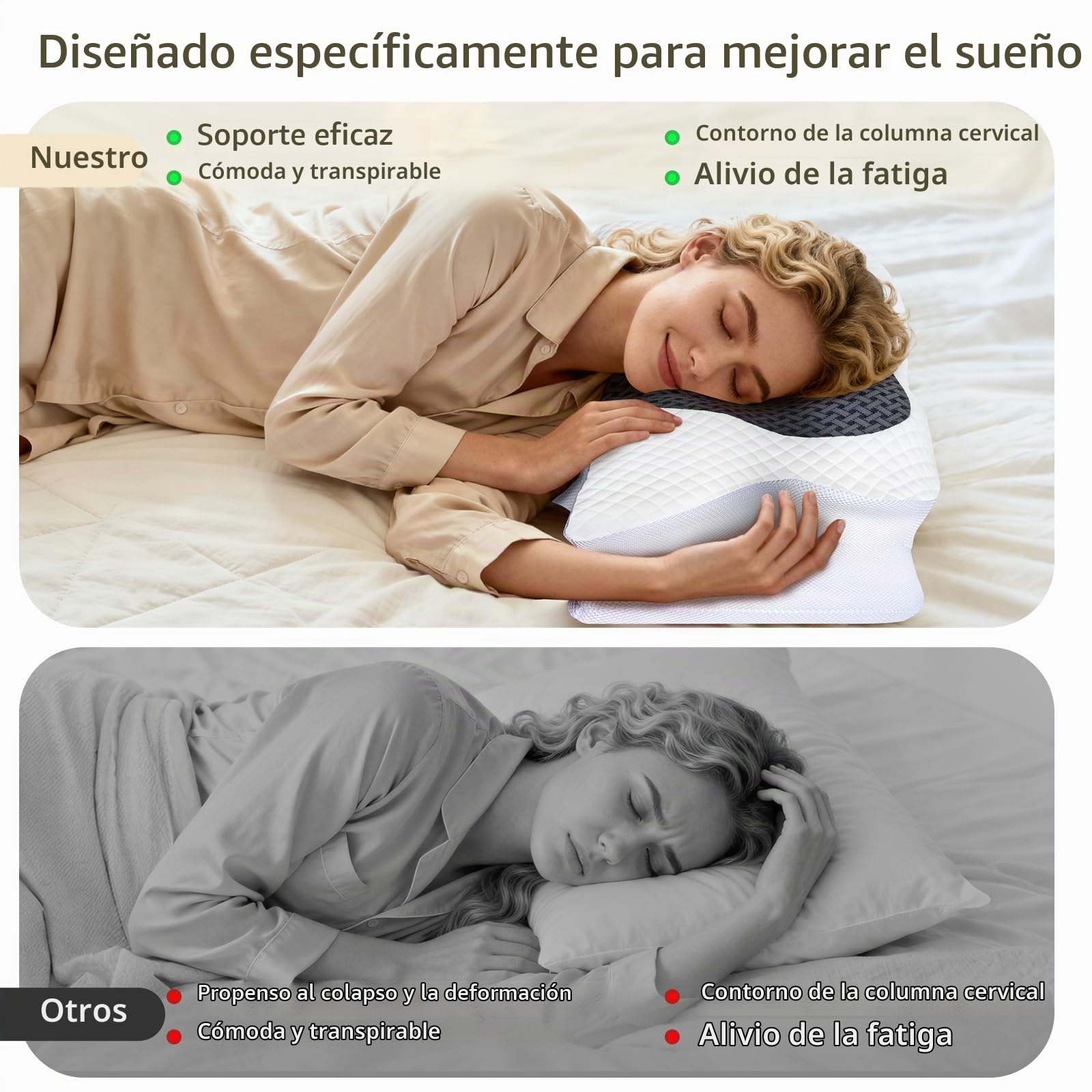 Almohada Cervicales y Cuello, Almohada Cervical de Espuma Viscoelástica, Almohada Ergonómica para Dormir de Lado, Espalda y Boca Abajo, 61,7 x 37 x 13/13,6 cm, Gris