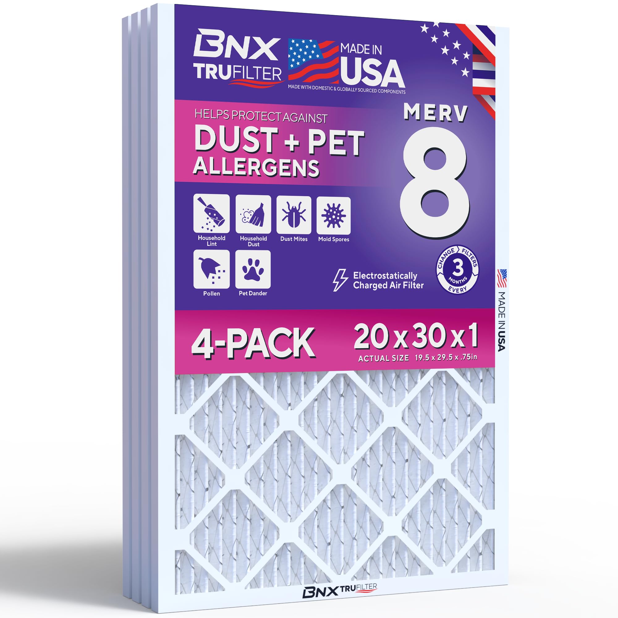 BNX TruFilter 20x30x1 Air Filter MERV 8 (4-Pack) - MADE IN USA – Dust &amp; Pet Defense Electrostatic Pleated Air Conditioner HVAC AC Furnace Filters for Dust, Pet, Mold, Pollen MPR 600 – 700 &amp; FPR 5