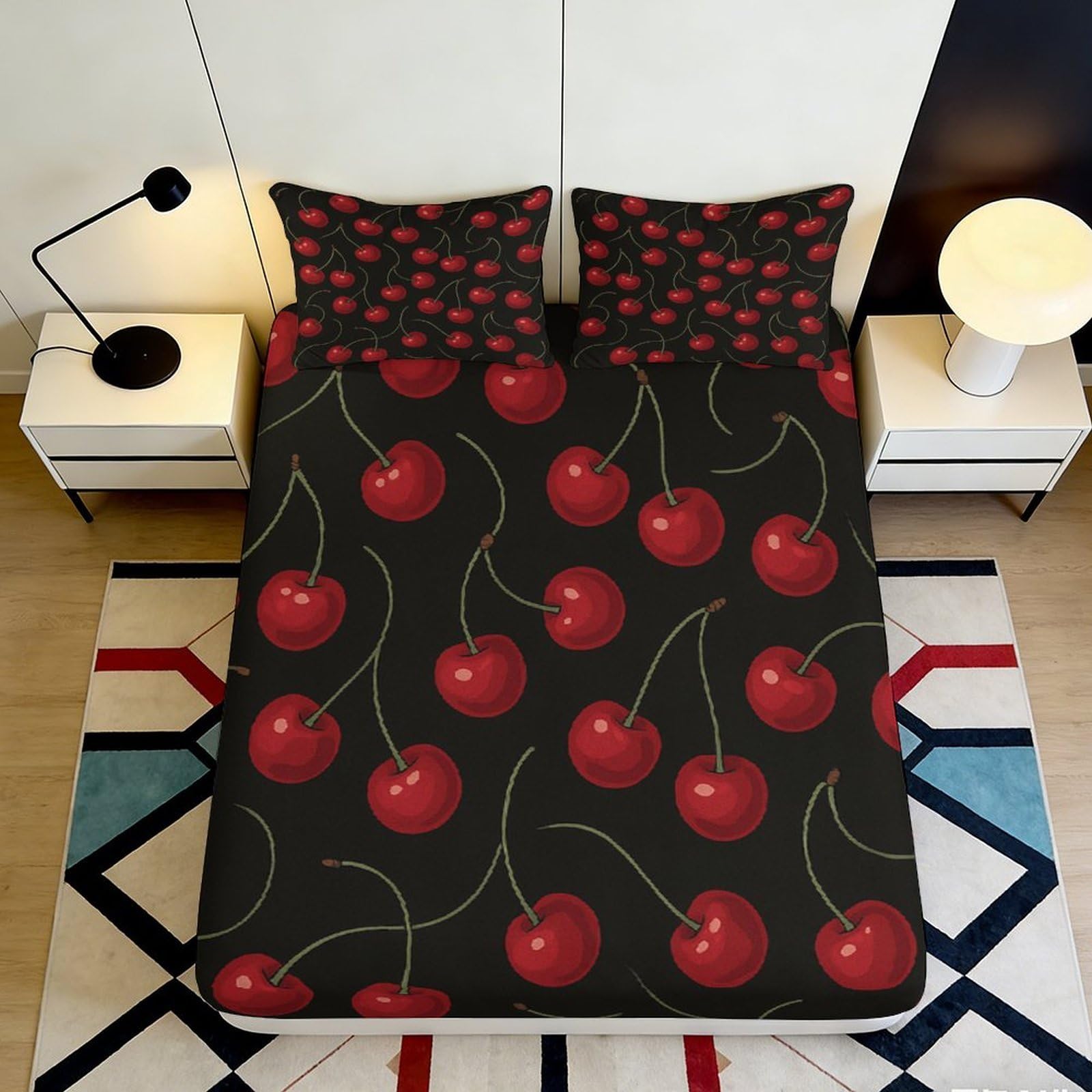 3D Printed Cherry Pattern Fitted Sheet Microfiber Soft Bedroom Decor Red Fruit Bed Cover for Adults Teens 90x200x25cm