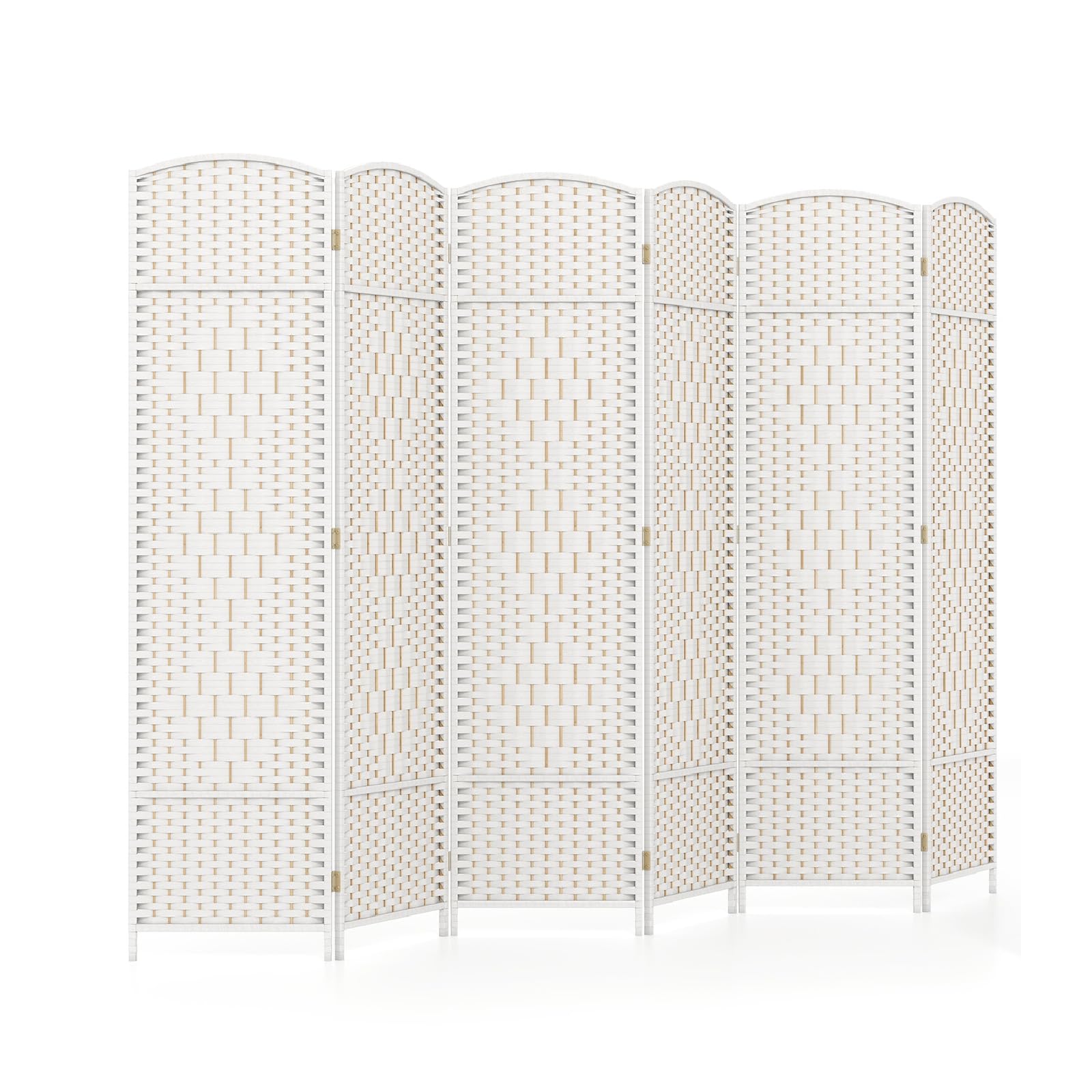 COSTWAY 6 Panel Folding Room Divider, Hand-Woven Wicker Freestanding Wall Privacy Screen Protector, Solid Wood Frame Paravent Partition Separator for Living Room, Bedroom and Office, 271x180cm (White)