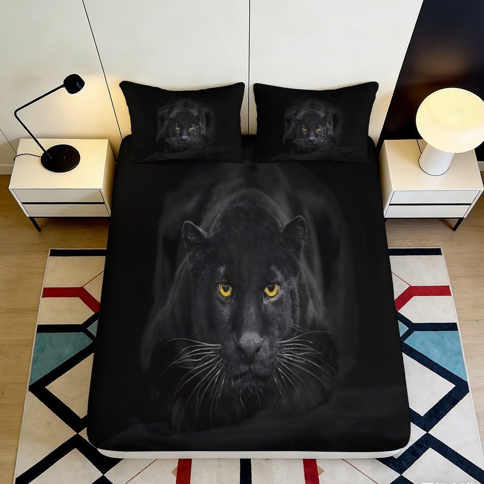 3D Printed Panther Design Microfiber Fitted Sheet Non-Slip Deep Pocket Bedding Set Panther Mattress Fitted Cover Full Wrap Washable for Bedroom 200x200x25cm 90x200x25cm