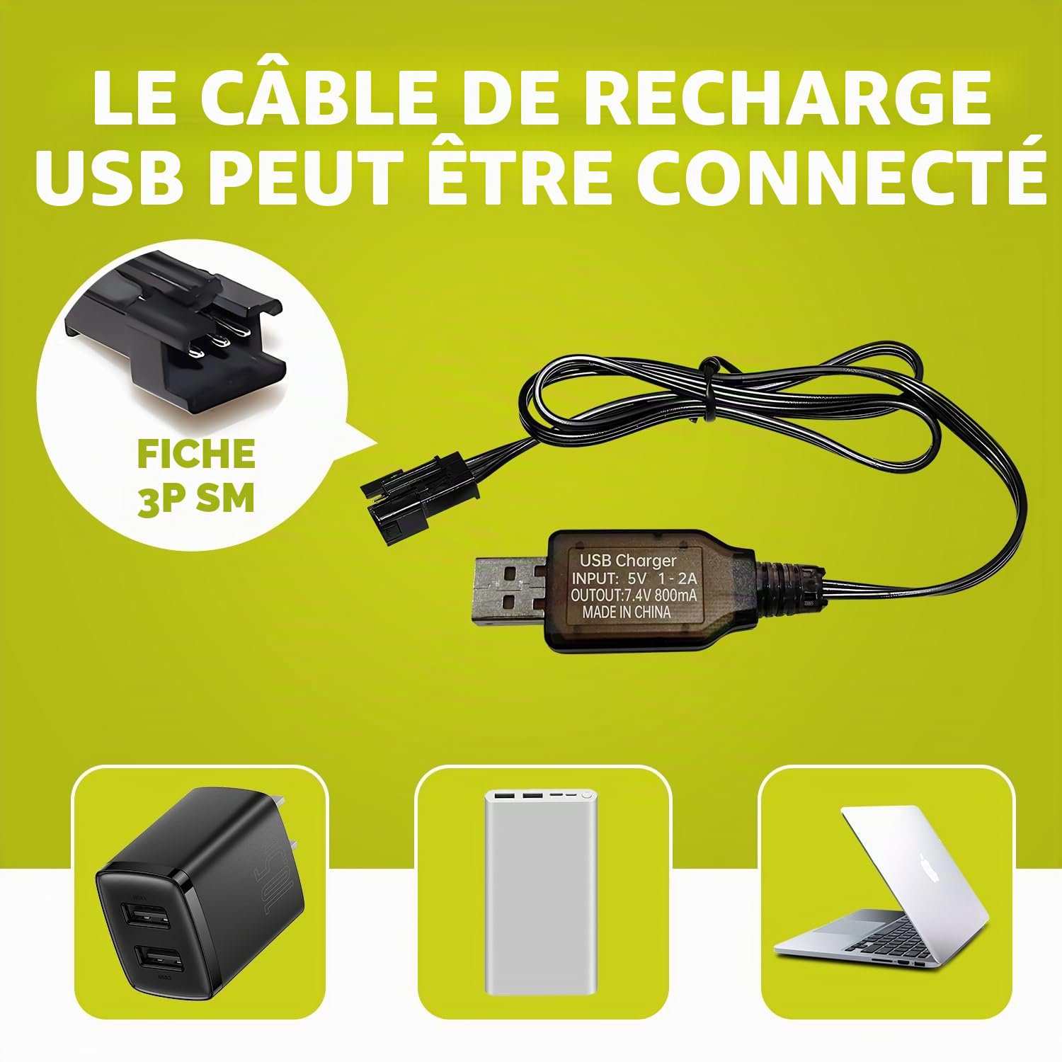 2PCS 7.4V 1000mah 2S Batterie Li-ION avec Prise SM-3P et 2PCS câble de Charge USB pour DE82 TK3086B G20601 RC Car TK-3082B Batterie pour Voiture de Cascade C60 Camion