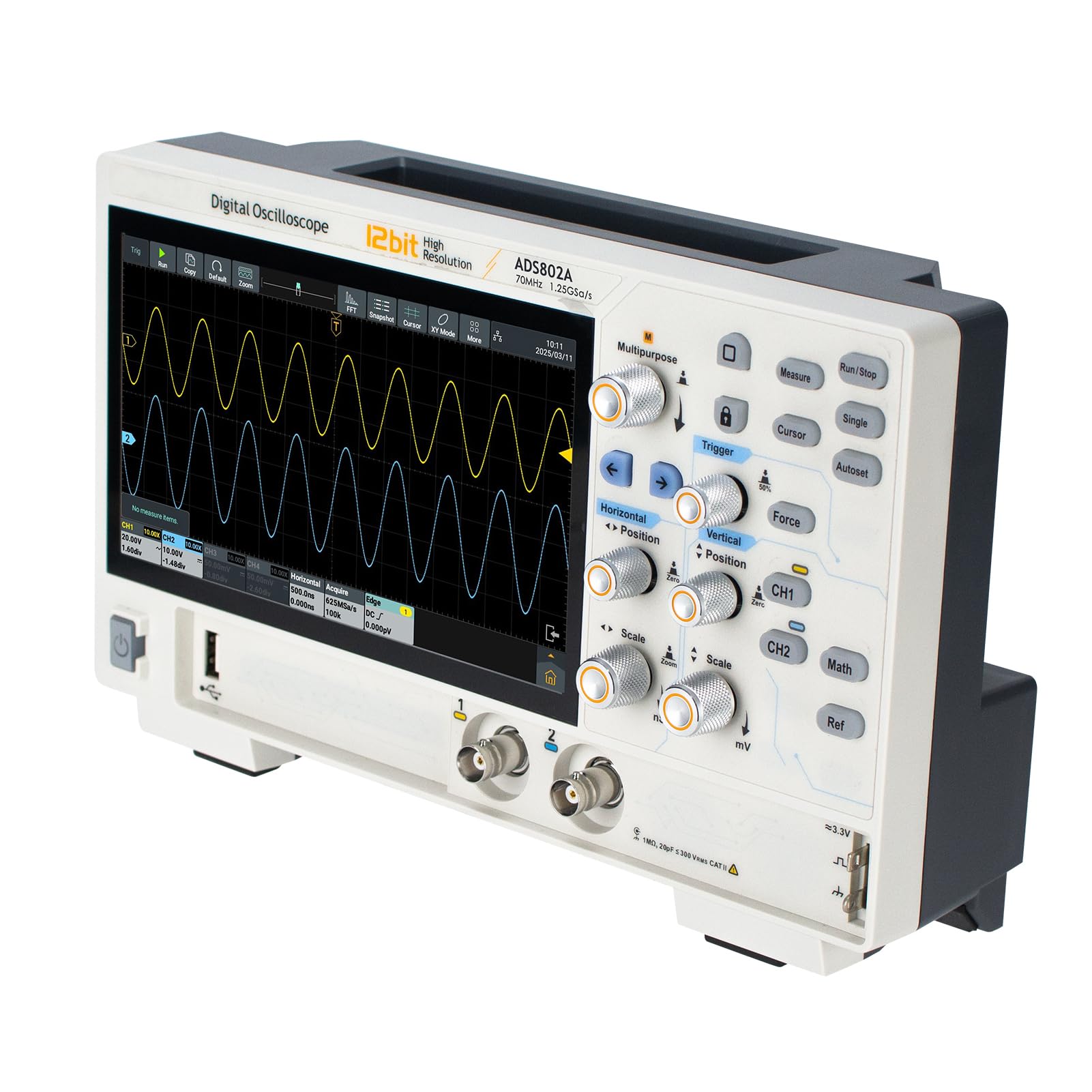 Aramox Oscyloskop Cyfrowy 70 MHz, 12-bitowy, 2-kanałowy Przenośny Multimetr z Oscyloskopem, Analizator FFT, 1,25GSa na S, 7-calowy Ekran Dotykowy do Napraw Laboratoryjnych, Testowania Elektroniki