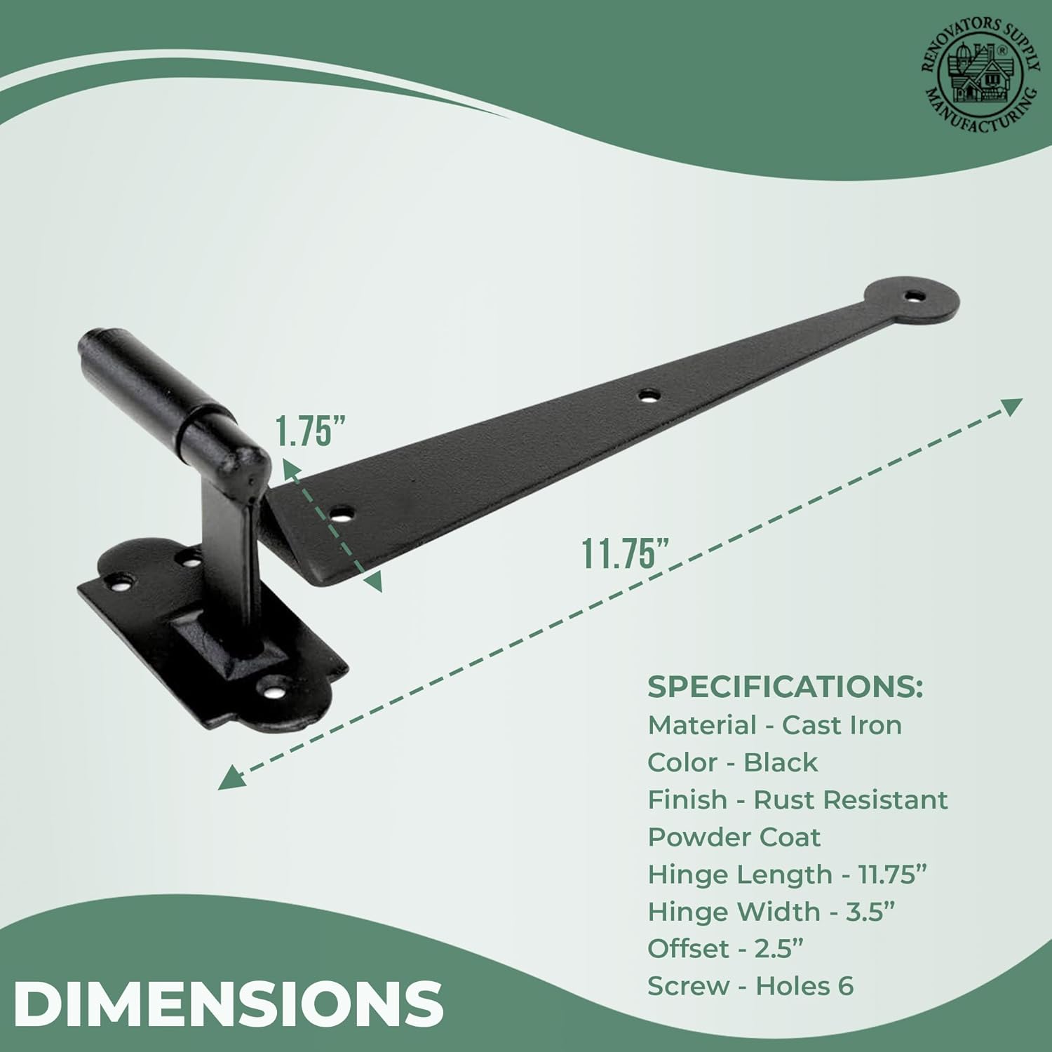 Renovators Supply Manufacturing Black Offset Strap Lift Off Pintle Hinge 11 3/4" Large Cast Iron Offset Pin Hinges for Shutters, Exterior Window, Doors Or Gates Pintle Hinges with Hardware Pack of 10