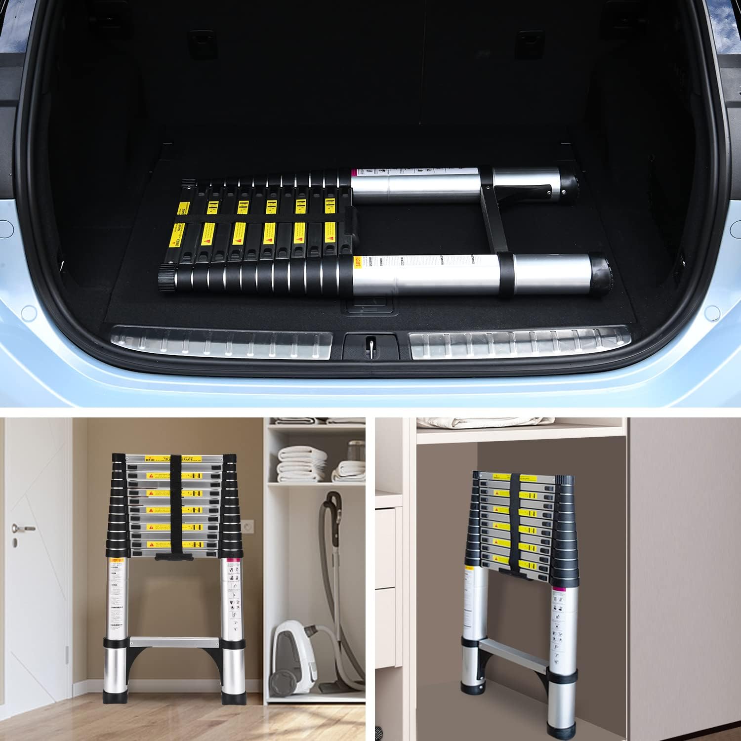 Telescoping Ladder, SocTone 12.5 FT Aluminum Lightweight Extension Ladder with 2 Triangle Stabilizers, Heavy Duty 330lbs Max Capacity, Multi-Purpose Collapsible Ladder for RV or Outdoor Work - - 