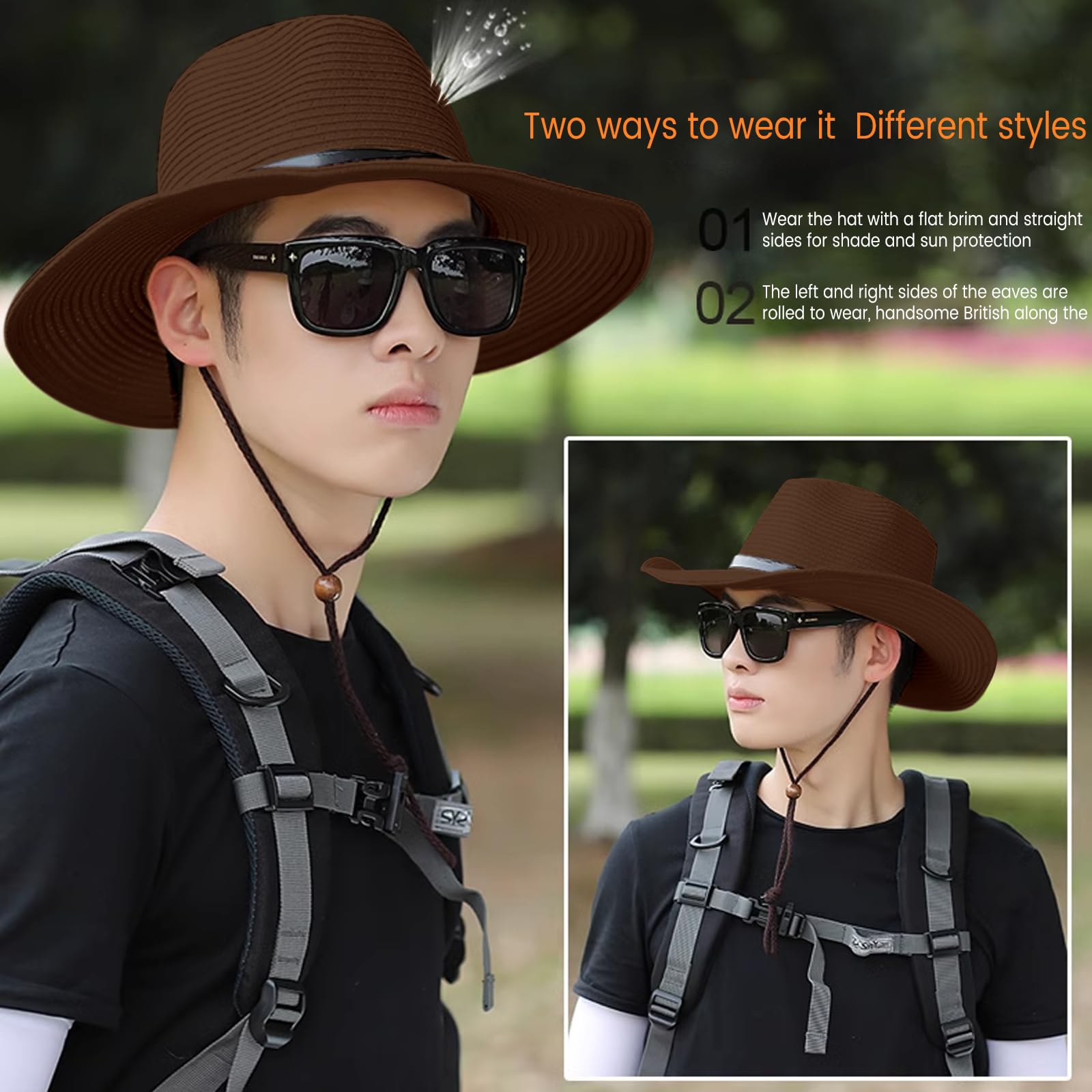 Cappello da Sole Uomo Donna Cappello da Pesca Impermeabile Cappello Boonie Anti UV Cappello Trekking Larga Cowboy Style Bucket Sun Hat Cappello Estivo Donna Cappello Paglia