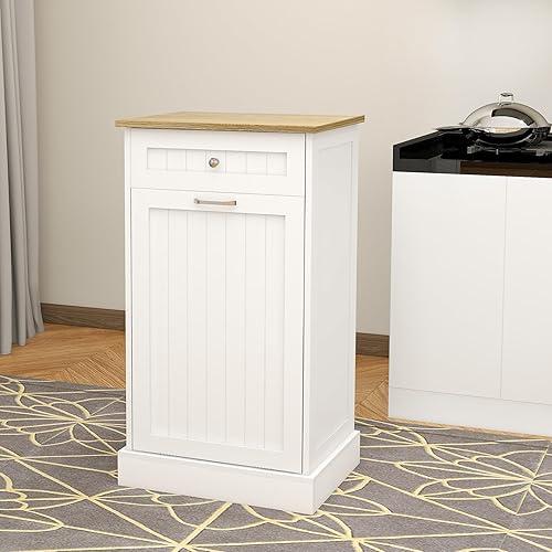 RASOO Gabinete de basura inclinable de madera independiente a prueba de perros, 10 galones con cajón, armario de basura o cesta de lavandería